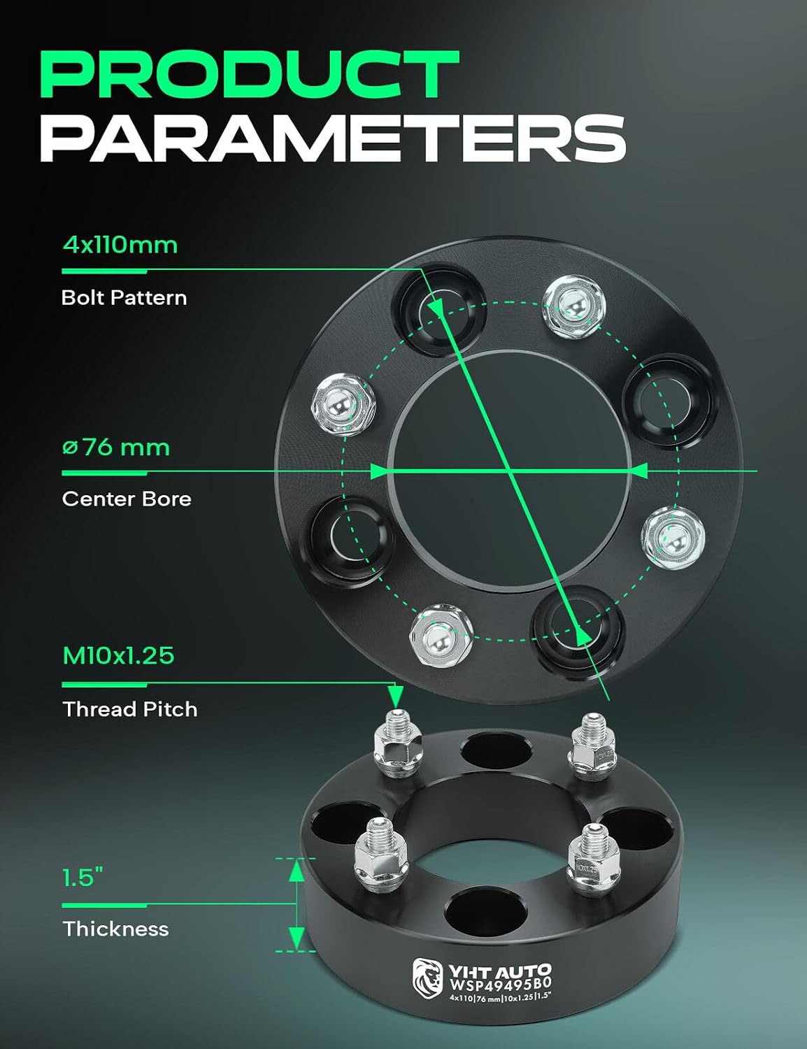 YHTAUTO 4x110mm Wheel Spacers 1.5" Compatible with Bombardier Can-Am Honda Kawasaki Yamaha Polaris Suzuki Models, Tire Spacers w/10x1.25 & 12.9 Grade Studs, 76mm Center Bore 4 Lug 4PCS