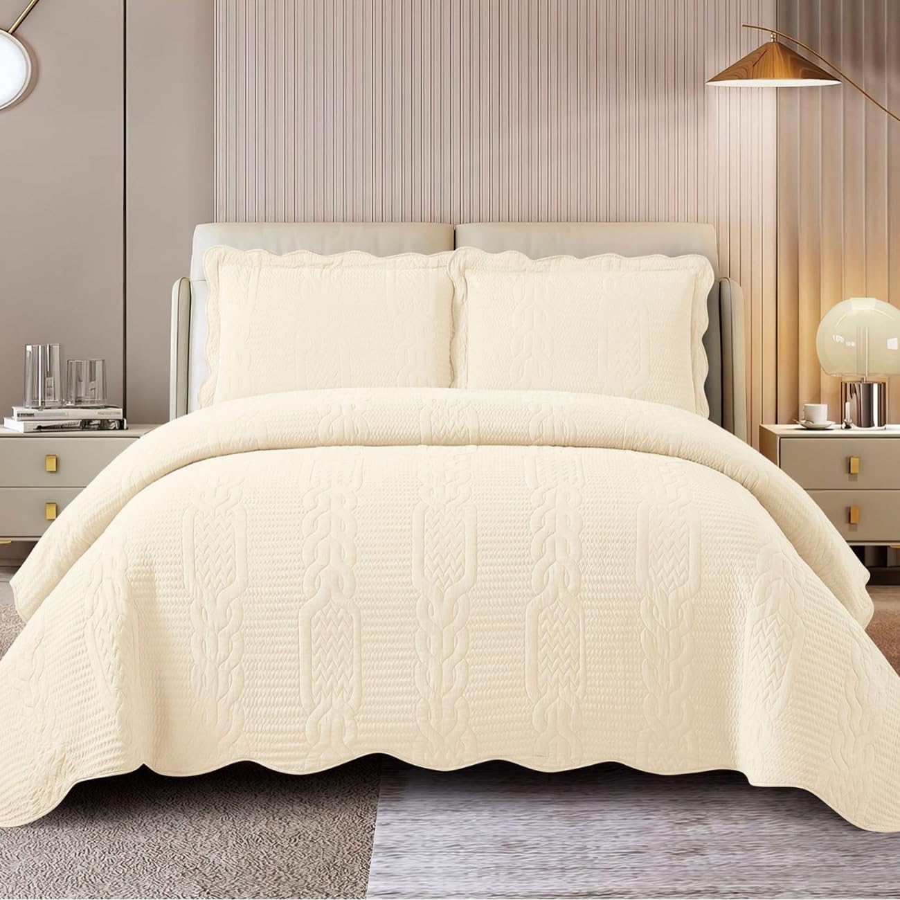 vctops Boho Quilt Bedding Set Queen Size Soft Microfiber Cable Embroidery Bedspread Coverlet Ligthweight Breathable Bed Cover for All Seasons, 1 Quilt + 2 Pillow Shams (Beige,90"x98")