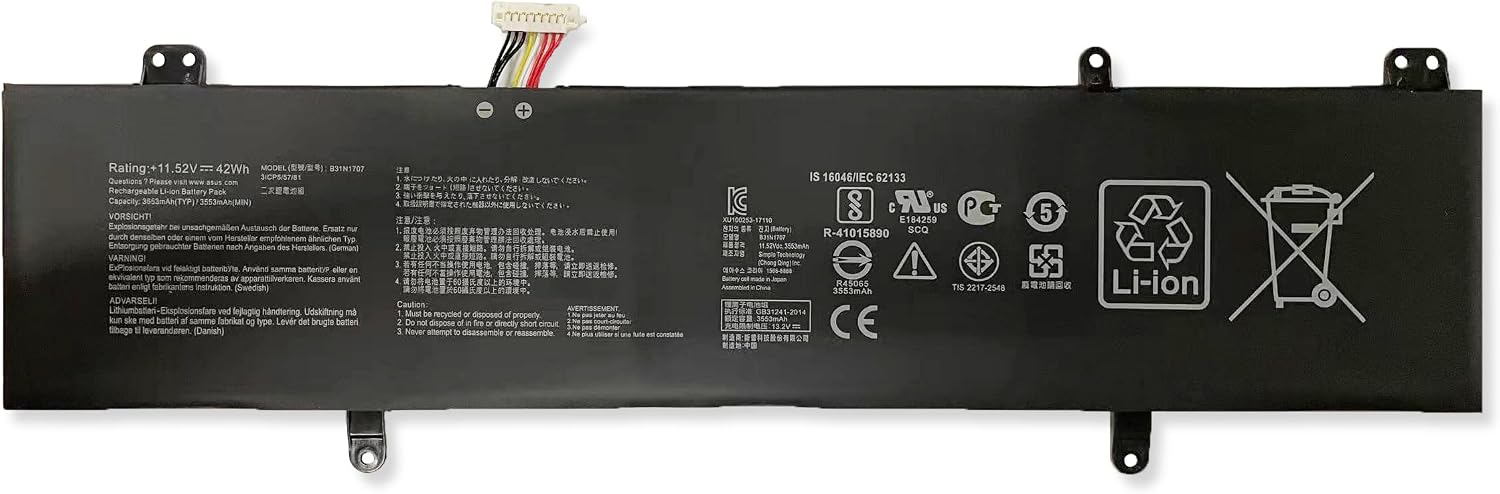 B31N1707 B31N1707-1 3ICP5/57/81 Laptop Battery Replacement for Asus VivoBook S14 S410UQ S410UN S41OUN S4100VN8550U S4100V S4200U S4100V X411UA X411UA-1A X411UF X411UN Series (11.55V 42Wh)