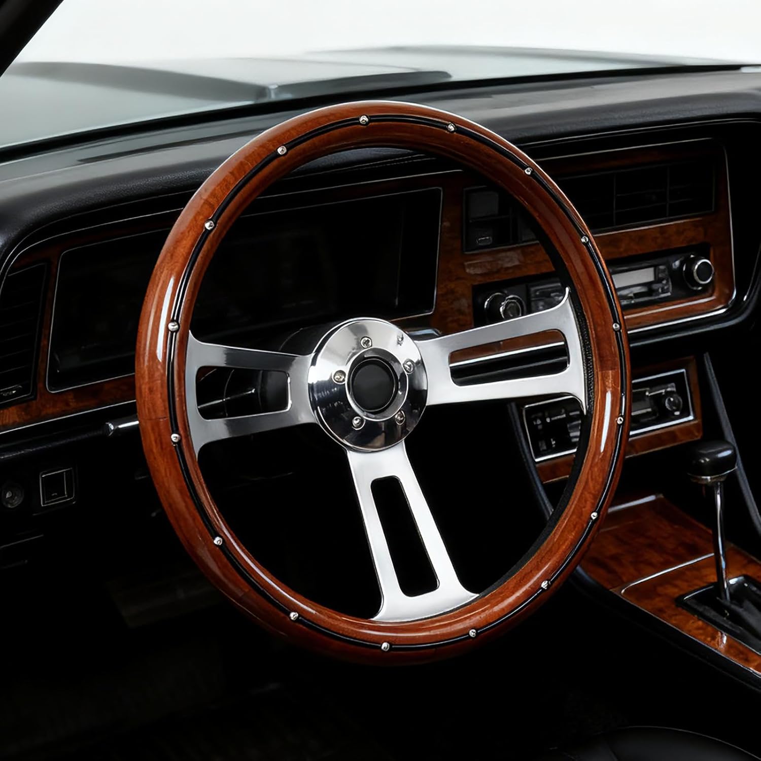 18" Universal Steering Wheel 455mm Chrome Aluminum Spokes Wood Grip, 5-Bolt Replacement for Kenworth for Peterbilt for Freightliner for Volvo–65mm Deep Dish Design 18inch Truck Steering Wheel