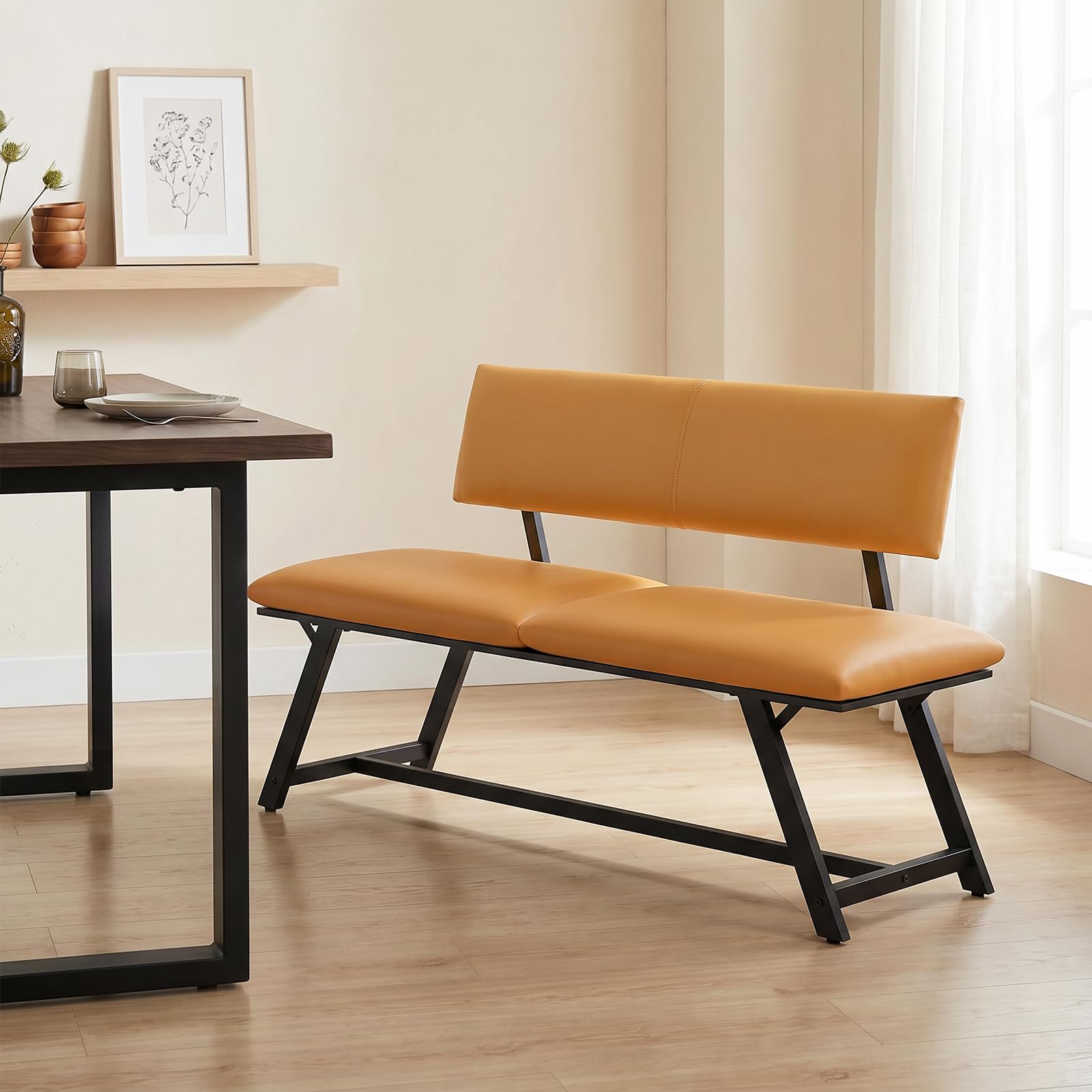 HOOBRO Banco con Respaldo, Asiento con Respaldo para Comedor Acolchado en PU, Banco de Comedor, Capacidad para 2-3 Personas, Apto para Comedor, Cocina, Salón, Pasillo, Marrón y Negro ECB18CD01