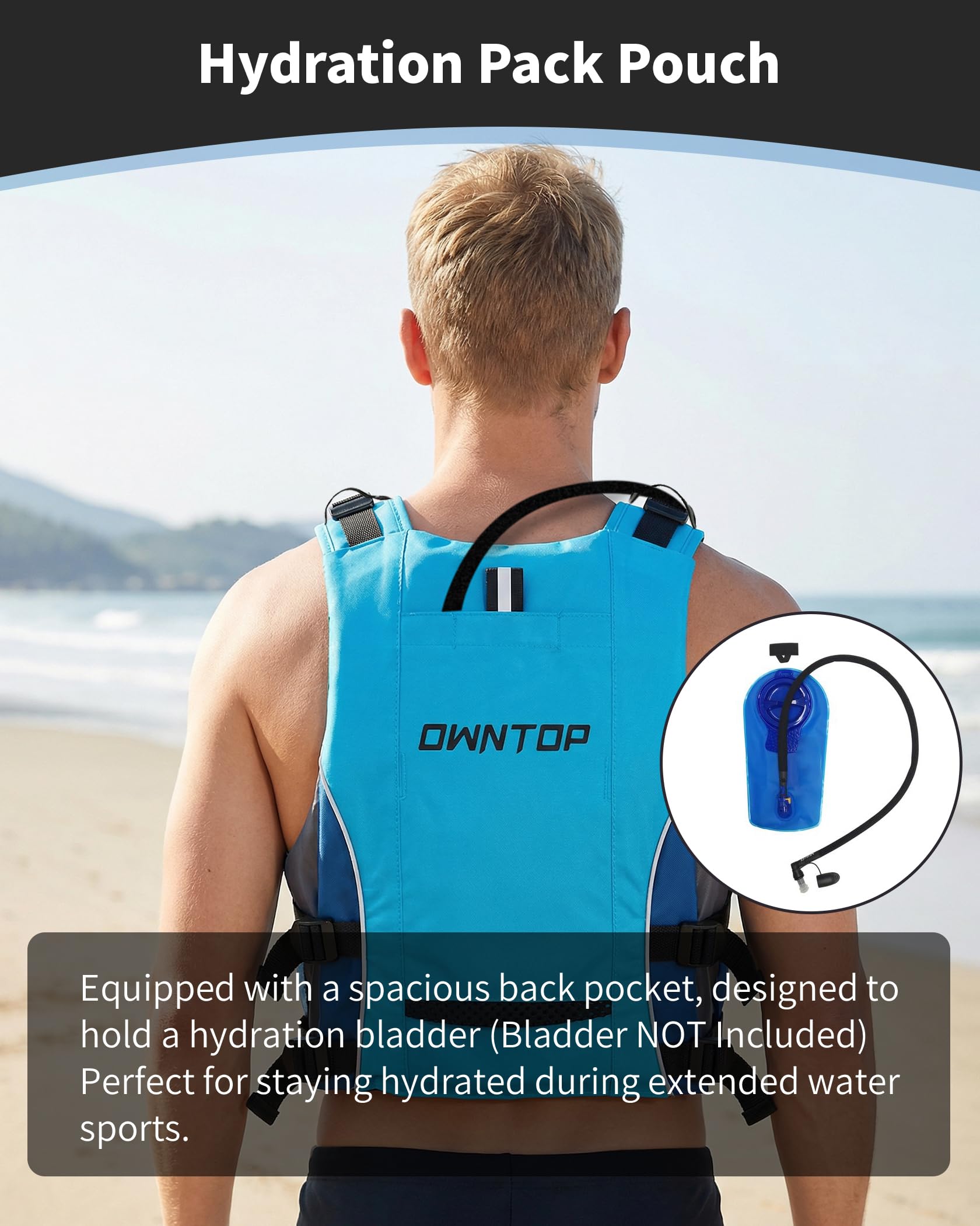 Owntop Buoyancy Aid for Adults and Teenagers with Hydration Backpack, Whistle and Pockets - Adjustable Float Vest Unisex Swimming Vest for Paddleboarding, Kayaking, Fishing, Sailing - 3