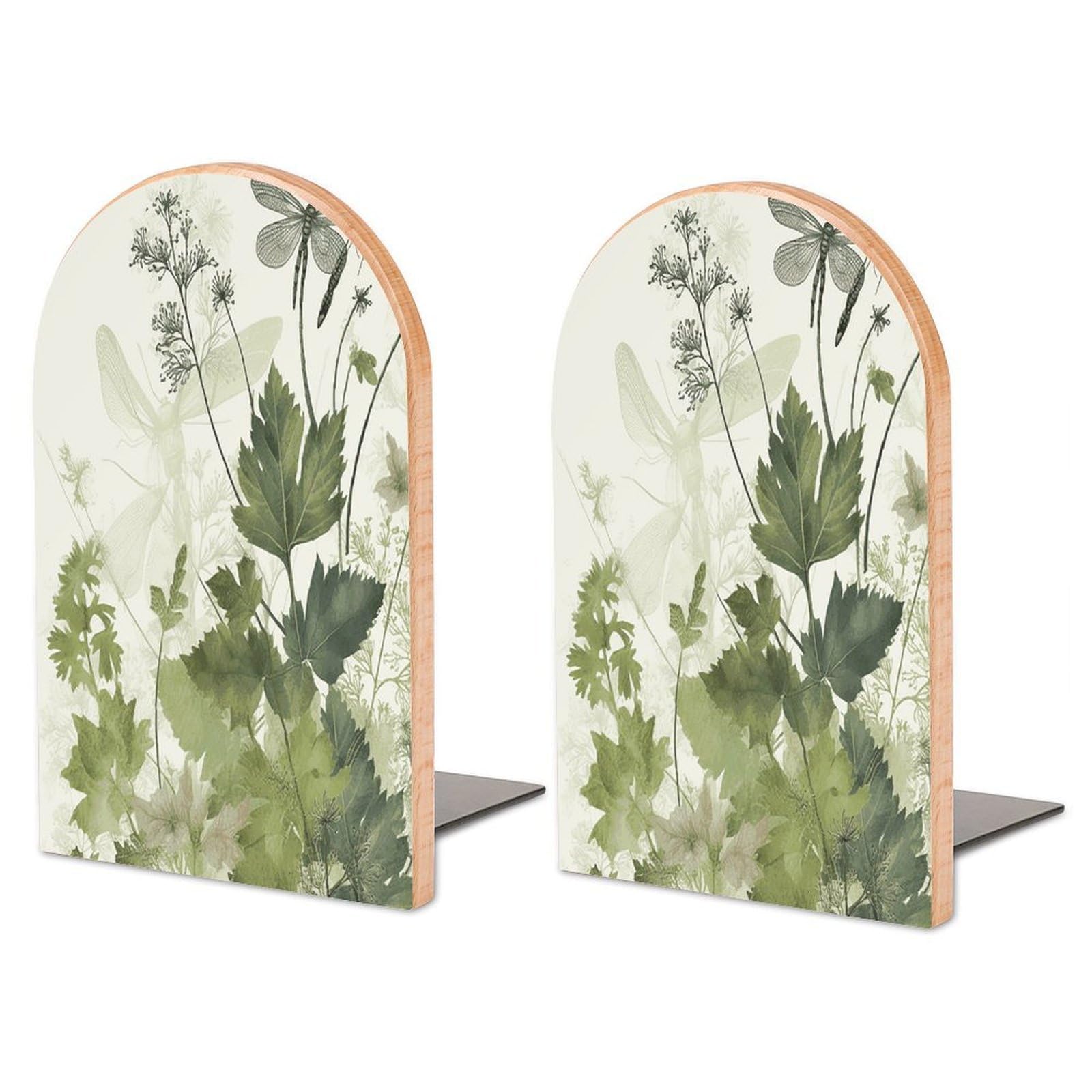 Foliage and Herbs with Dragonflies Winged Book Ends Heavy Duty Non-Slip Book Organizers Wooden Bookend Support Decorative Bookend Holders with Metal Base Book Ends for Bookshelf Office 1 Pair