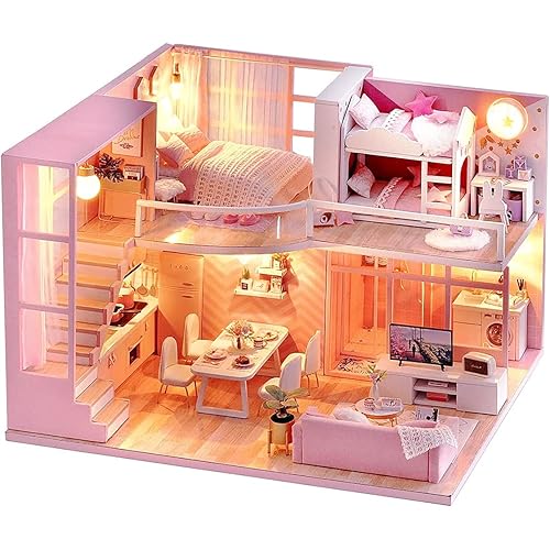 TuKIIE DIY Miniature Dollhouse Kit with Furniture, 1:24 Scale Creative Room Mini Wooden Doll House Accessories Plus Dust Proof & Music Movement for Kids Teens Adults(Dream Angels)