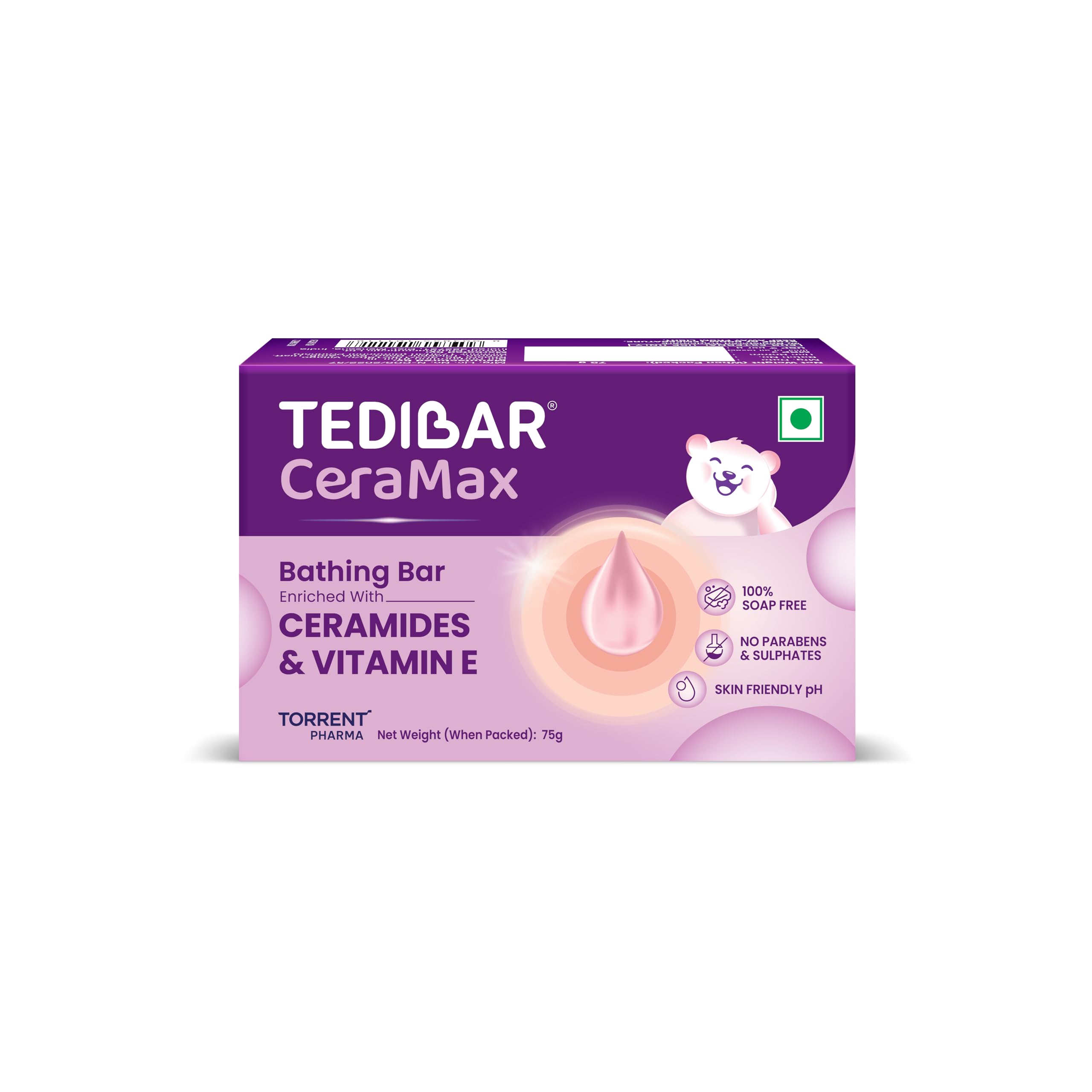 Tedibar Ceramax Bathing Bar - 75 g Enriched with Ceramides & Vitamin E|100% Soap Free| Skin friendly pH – By Torrent Pharma