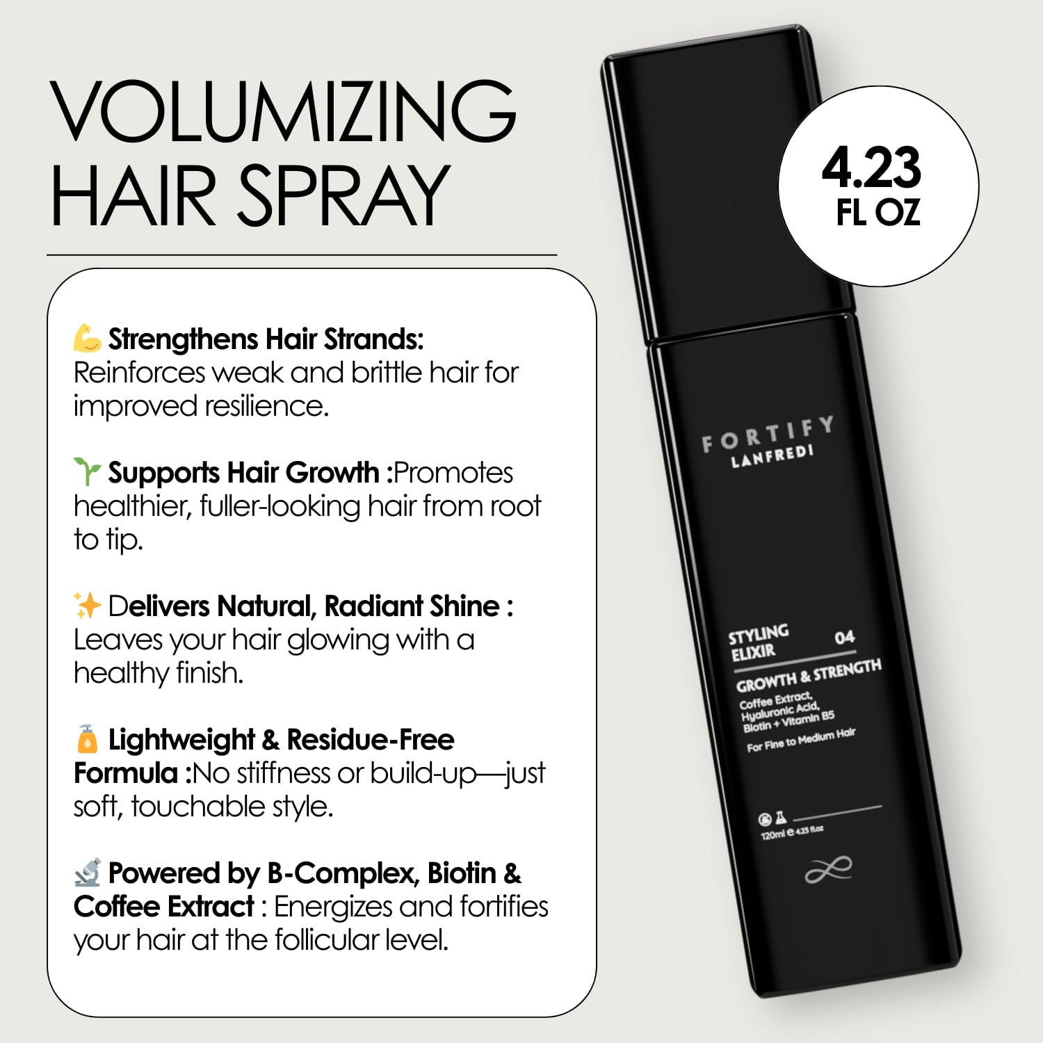 Volumizing Hair Spray with Caffeine & Vegan Keratin, Anti-Frizz Treatment for Fine to Medium Natural Hair, Daily Styling Mist, 4.23fl
