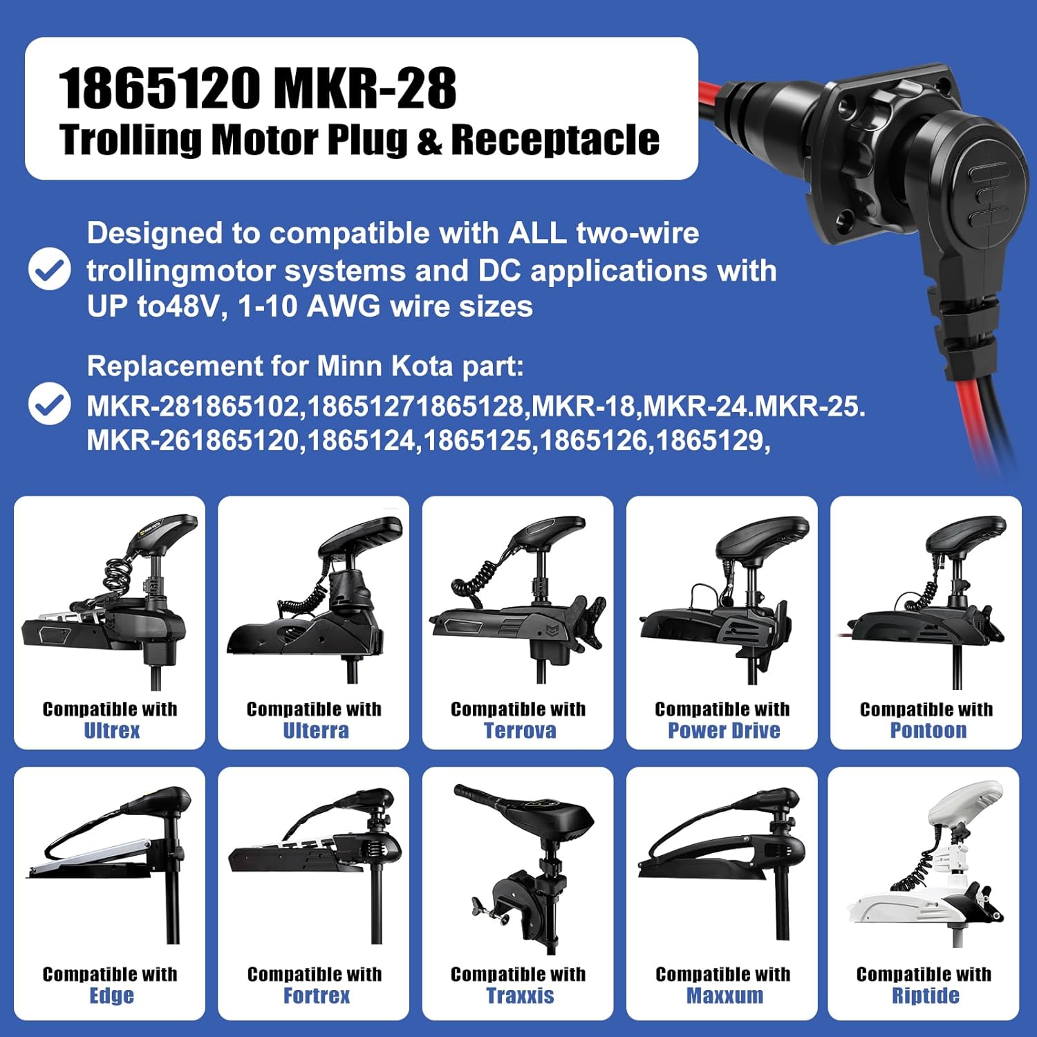 1865120 MKR-28 Trolling Motor Plug, Male Female Trolling Motor Socket Connector for Minn Kota Freshwater and Saltwater Marine Battery Boat Accessory 12V 24V 36V 48V Waterproof