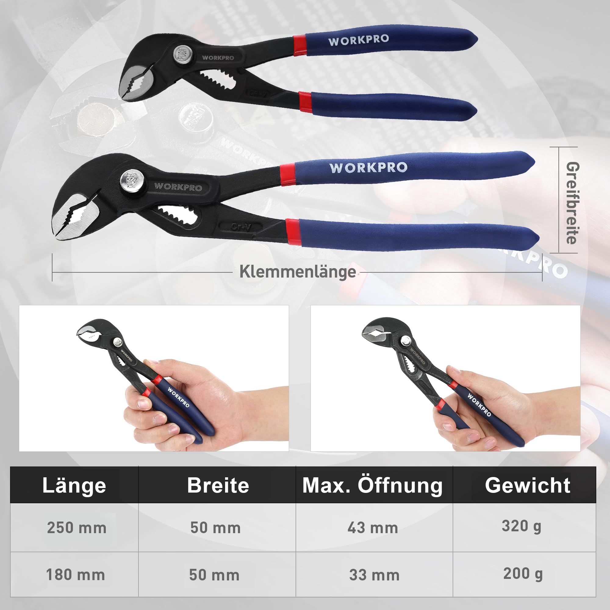 WORKPRO Wasserpumpenzangen-Set, 2 Stück, 180 mm und 250 mm, schnell verstellbare Schlauchgriffe, Gleitgelenkzangen-Set mit großer Backenkapazität und rutschfestem Griff