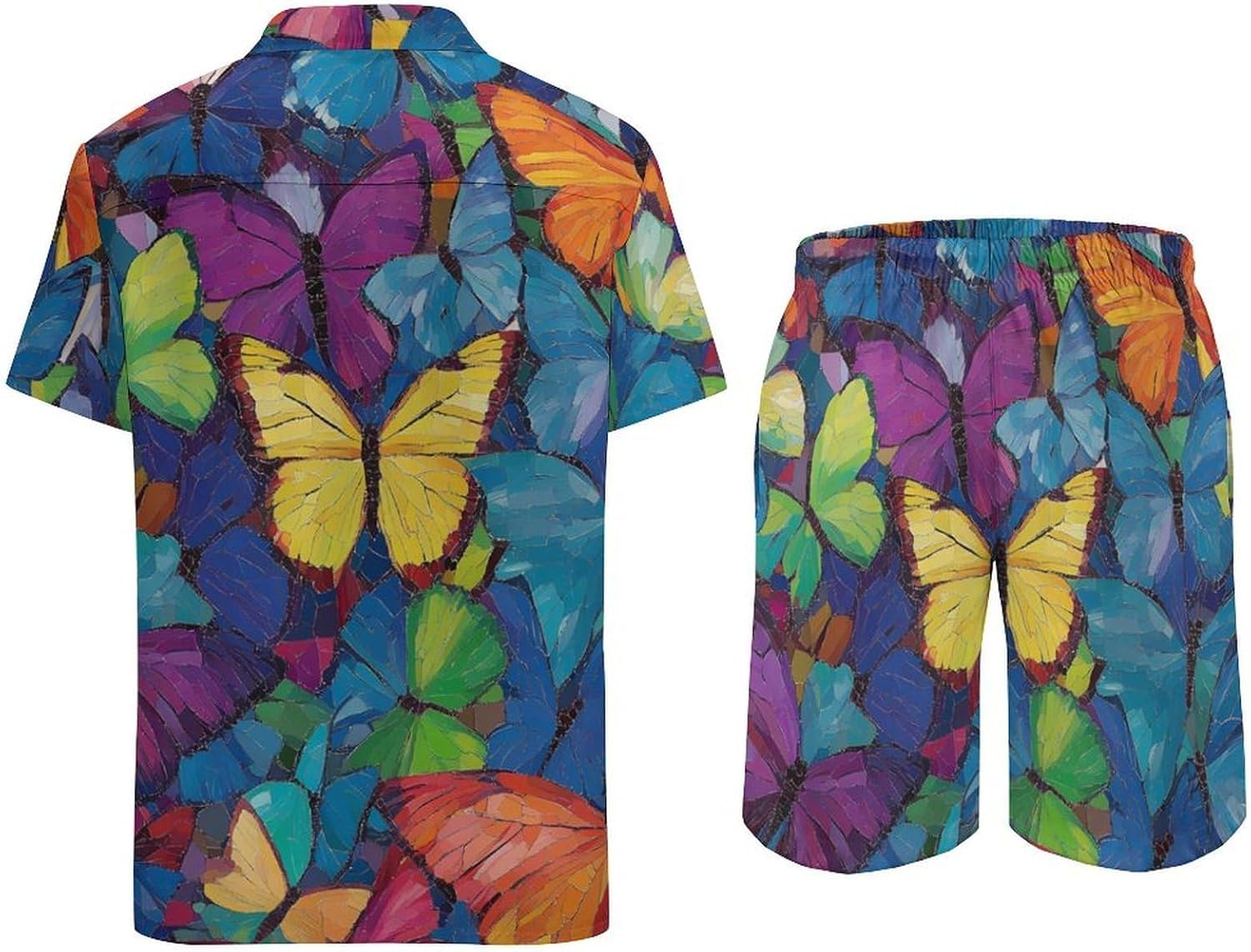 Multicolored Butterflies Men's Summer Beach 2 Piece Outfits | hawaiian button down shirt and shorts,vacation cruise,mens bathing suit