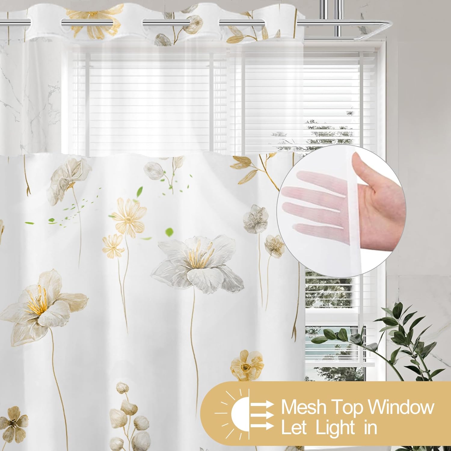 No Hook Shower Curtain and Liner Set, Watercolor Yellow Floral Shower Curtains for Bathroom, Modern Hotel Bathroom Curtain Sets with Snap in Liner, 71x84 Inches