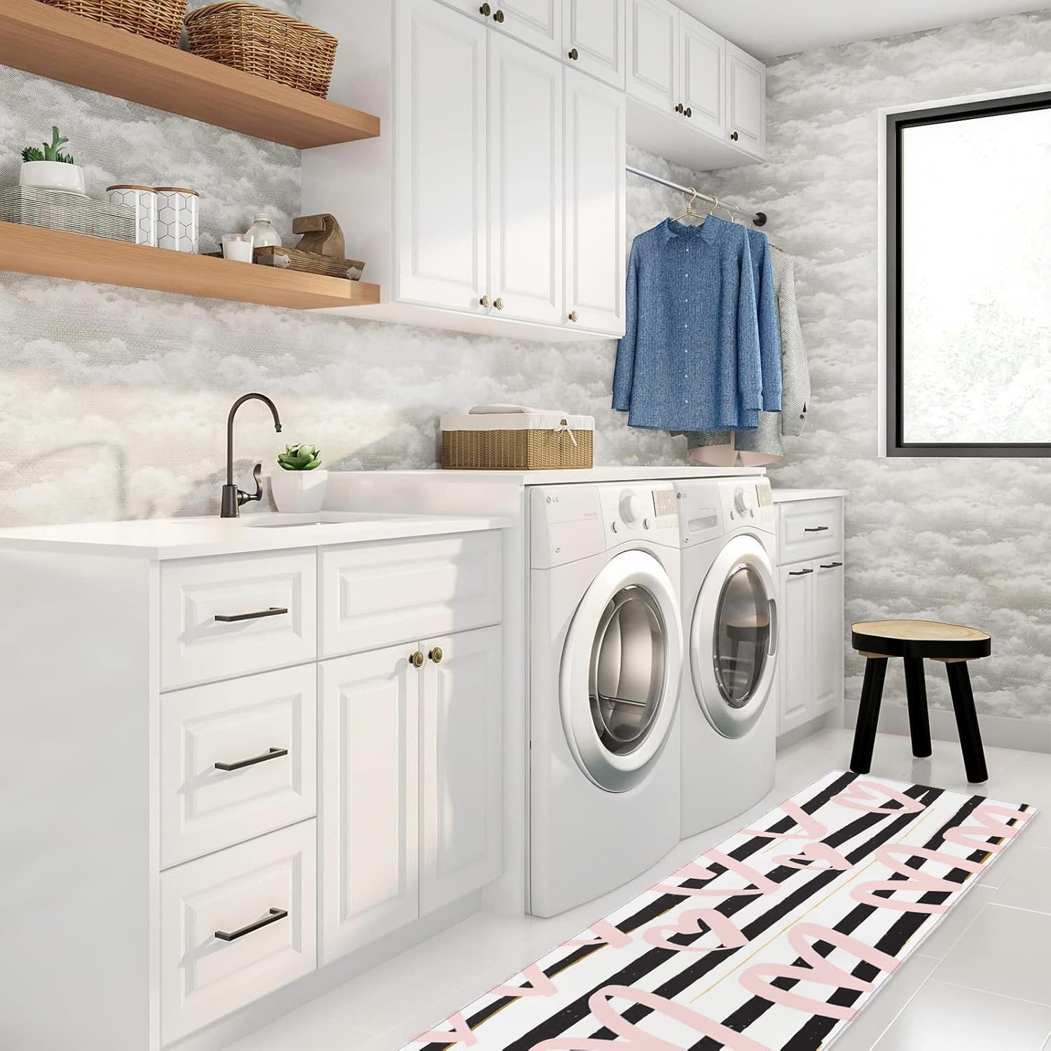 キッチンマット 台所マット 玄関マット フランネル 北欧 おしゃれ バレンタイン　ストライプ　ピンク　ラブハット 防汚 滑り止め ズ