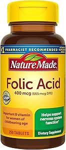 Nature Made Folic Acid 400 mcg (665 mcg DFE), Dietary Supplement for Nervous System Function, 250 Tablets, 250 Day Supply