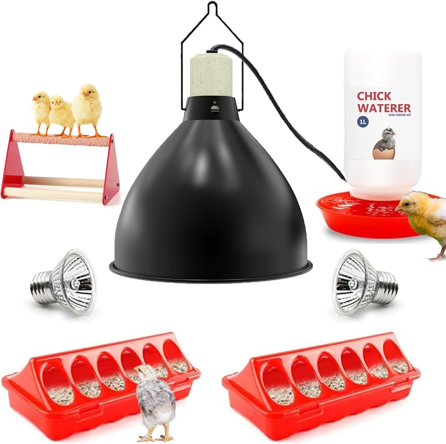 Chick Heat Lamp, 5 Pcs Chick Starter Kit with Chick Feeder and Waterer Set, Chick Stand Perch, Baby Chicken Supplies for Baby Chick, Duck and Quail