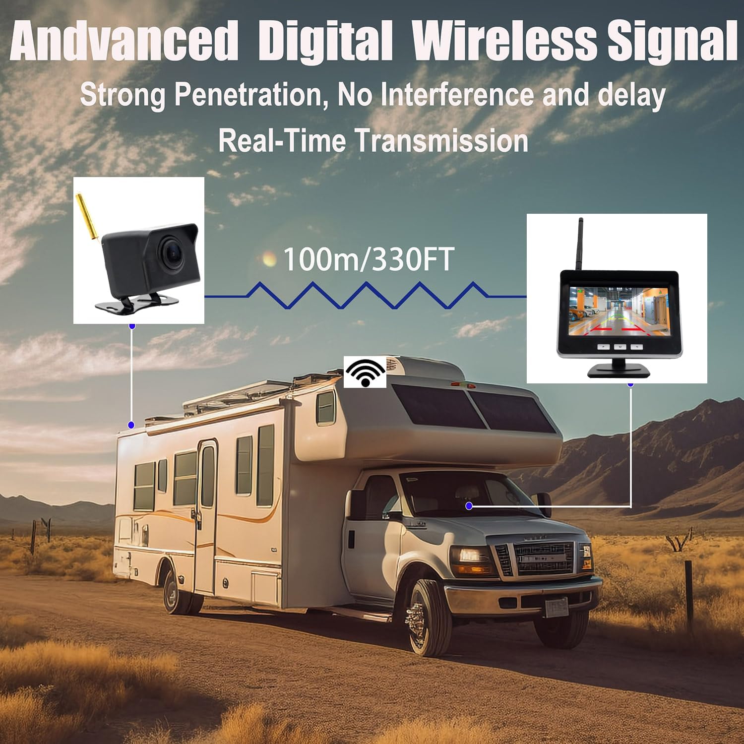 4.3-inch AHD IPS Monitor Mini Vehicle 720P Digital Wireless Backup Camera System IP69K Waterproof Wireless Reversing Camera Dash Camera for Truck Bus RV Trailer Car Truck Semi-Trailer