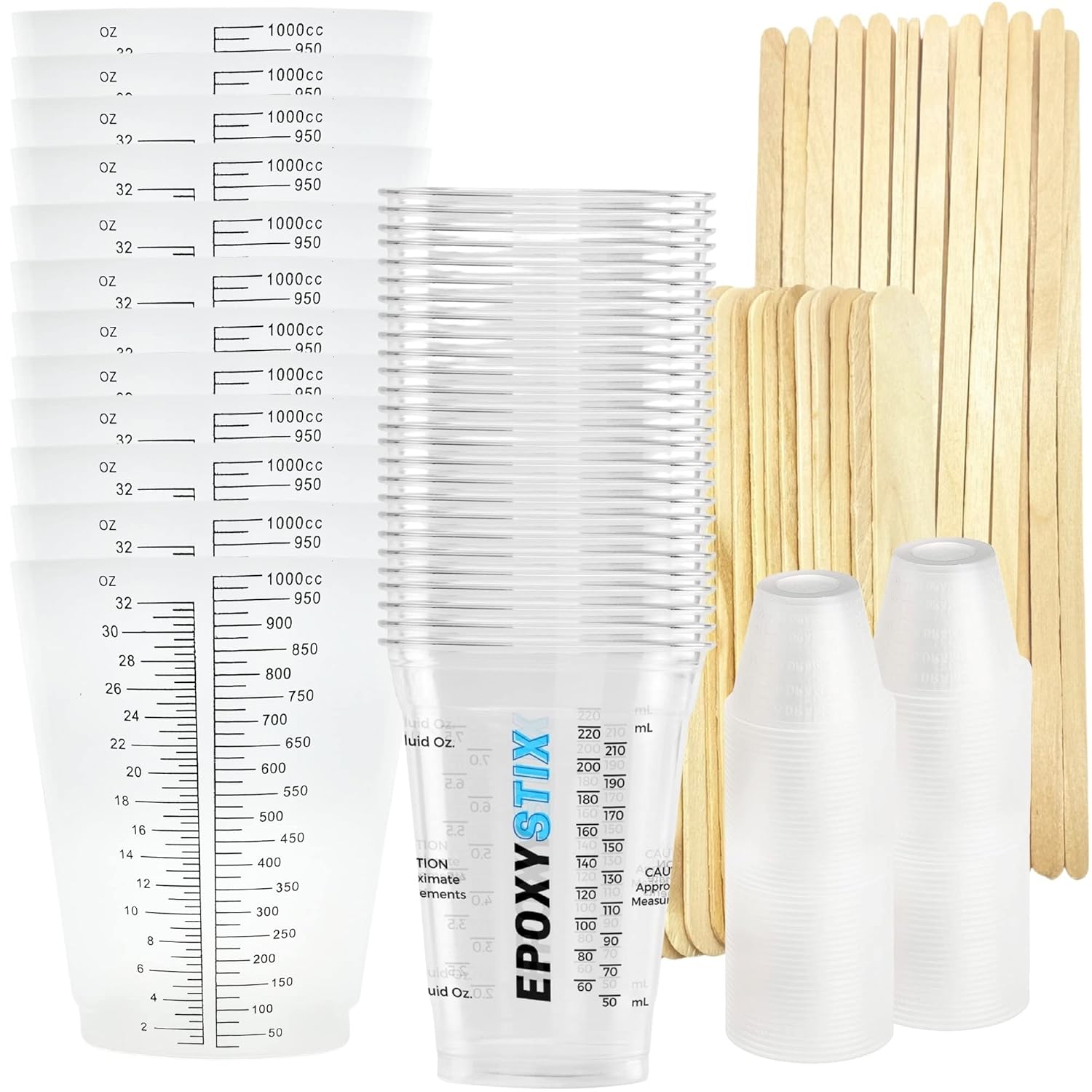 260 Piece EpoxyStix Ultimate Mixing Cup Combo Pack for Epoxy Resin and Paint - Includes 1oz Medicine, 10oz Graduated, 32oz Triangular Cups and 100 Mixing Sticks