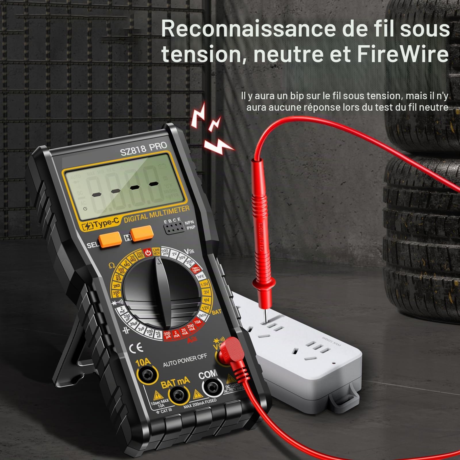 Multimètre numérique rechargeable - Multimètre numérique intelligent - Testeur de tension électrique - Batterie intégrée - Fonction de détection NCV - AC/DC - Résistance - Capacité - Fil neutre