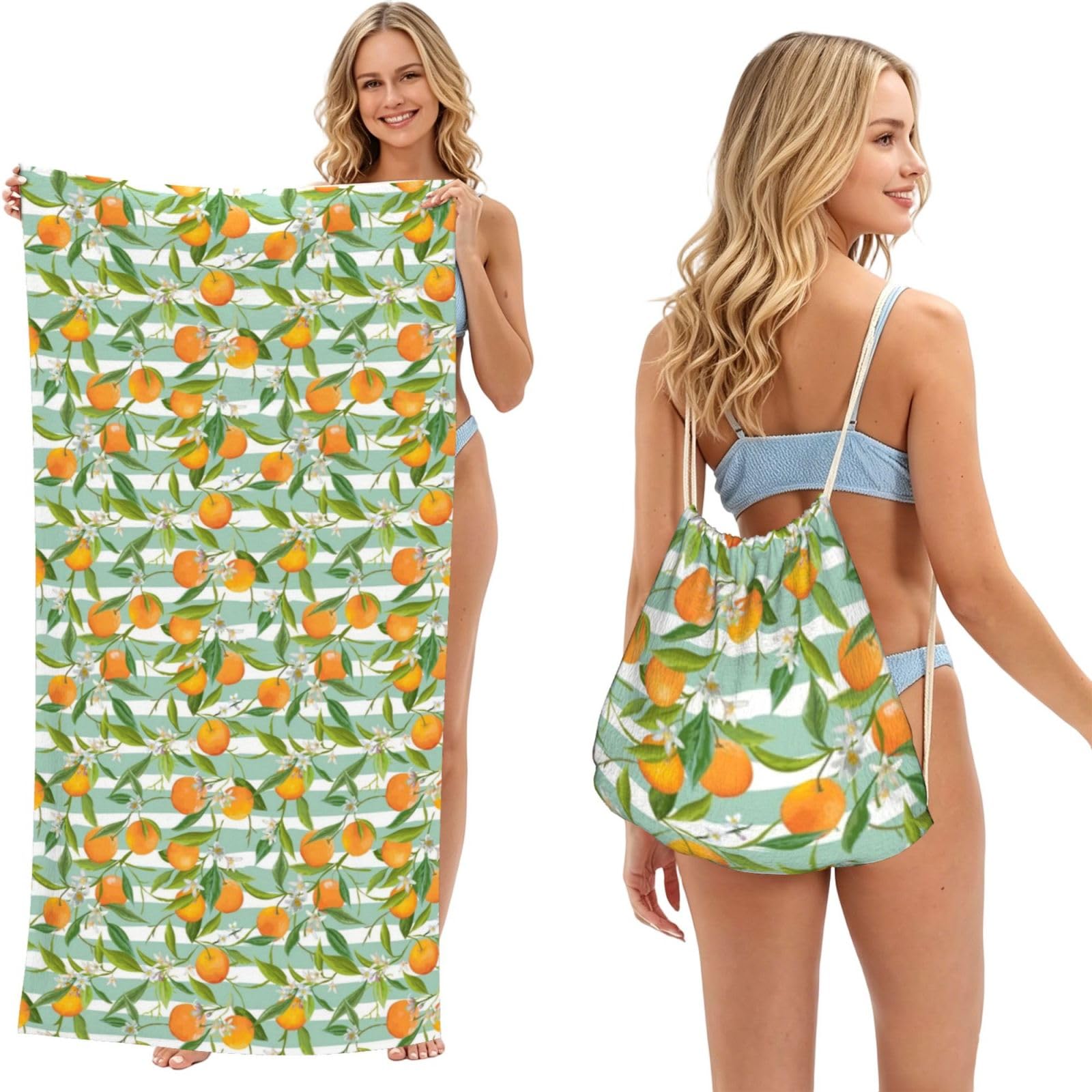 Poadnly As Picture Oranges Citrus Pattern, 2 In 1 Packable Towel Bag, Beach Towels With Drawstring Backpack For Travel Holiday Camping