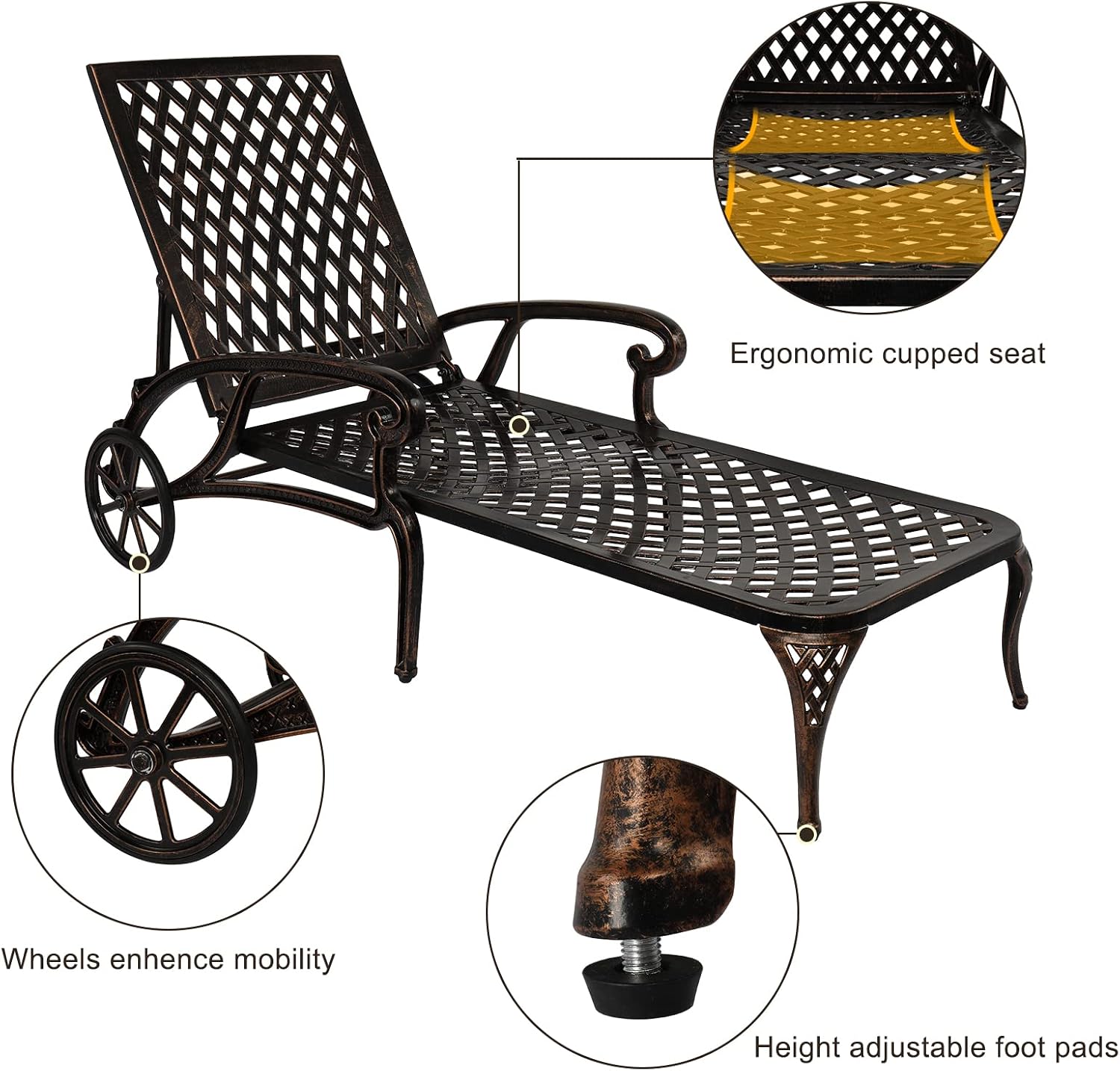VINGLI Cast Aluminum Outdoor Chaise Lounge Chair and Side Table Set, Patio Chaise Lounge with 3-Position Adjustable Backrest, Tanning Chair Reclining Chair Poolside Lounge Chair (with Round Table)