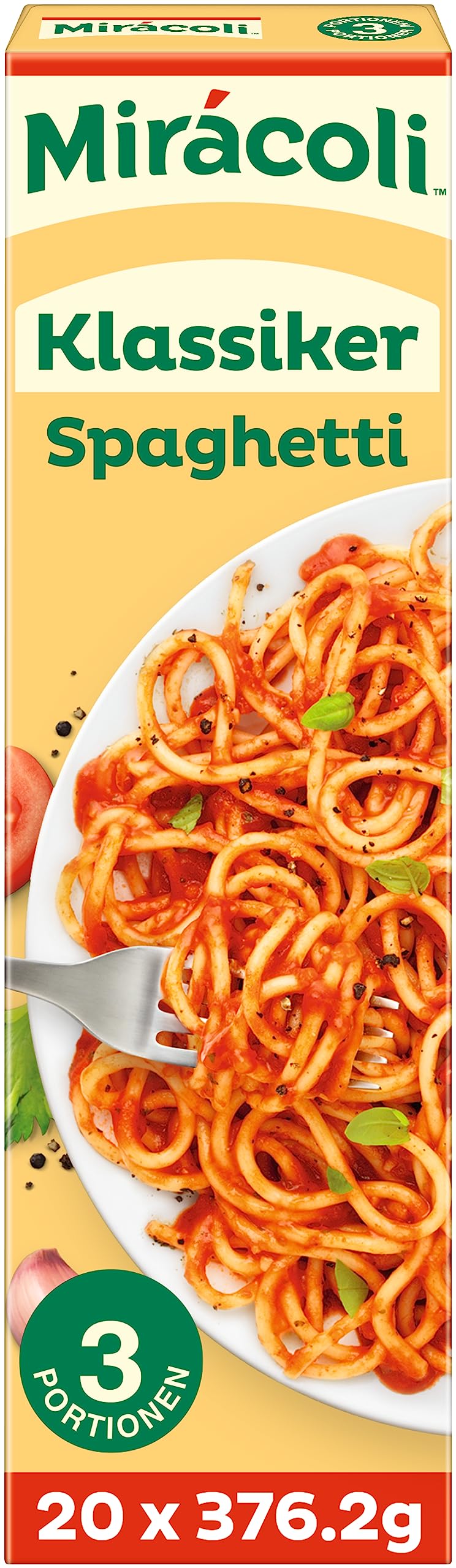 MIRACOLI™ 3 Portionen Spaghetti Klassiker 20x376,2g | 20 Packungen, Spaghetti mit Tomatensauce, Original Würzmischung, 3 Portionen pro Packung
