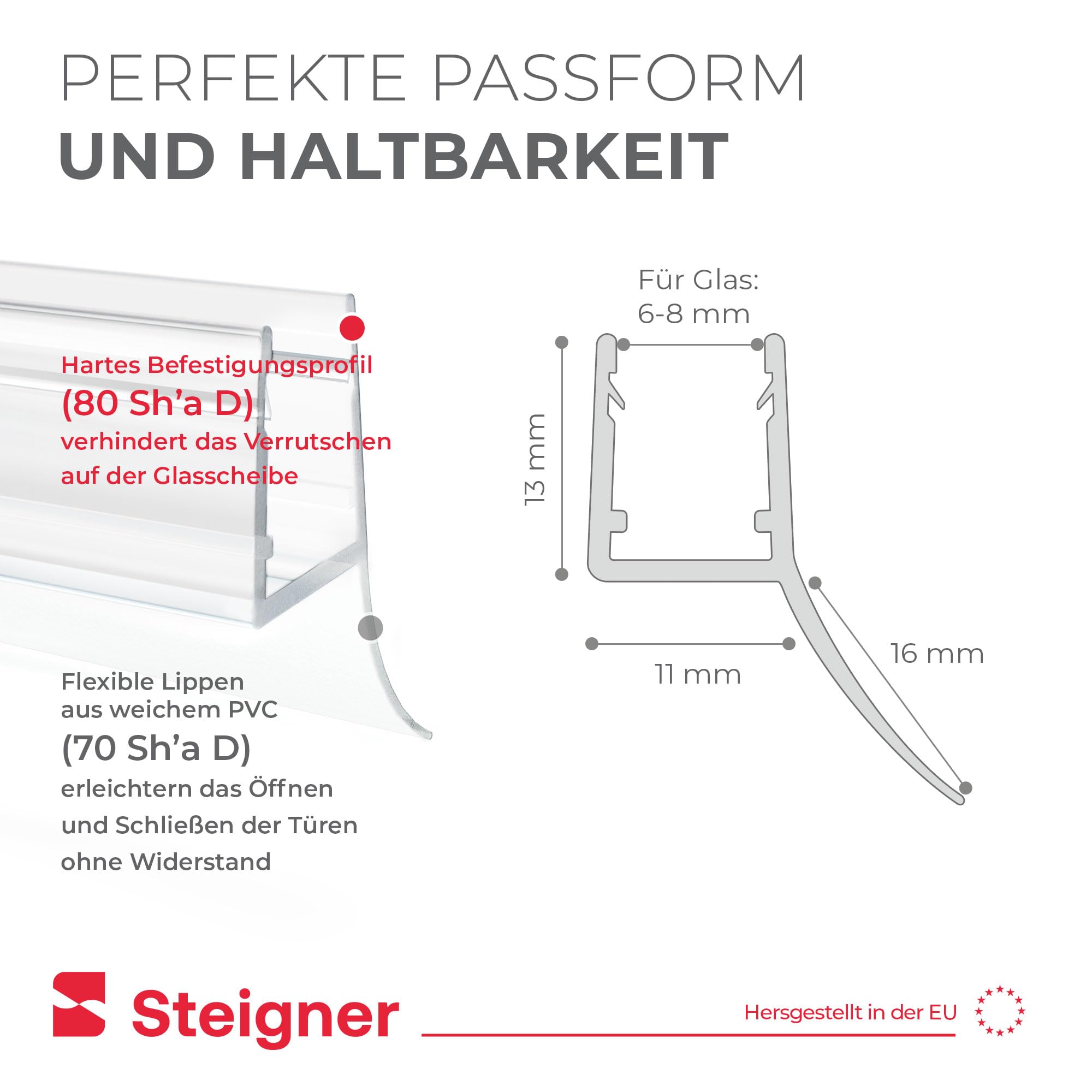 STEIGNER Duschtürdichtung UK12 200 cm (1 Stk.) Transparent - Dichtung gerade für Eckeinstieg Dusche oder Fünfeckdusche mit Duschtür 6-8 mm - Schutz gegen Auslaufen, Perfekte Passform, Einfache Montage