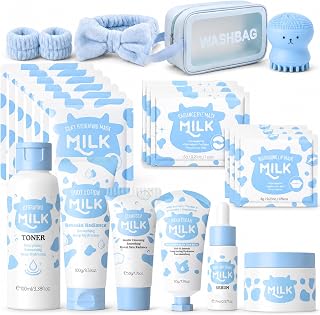 Milk Skincare Set for Teens Girls 10-12, Face Care Kit (23PCS) | Skin Daily Routine; Lightweight Hydration; Dual-Sided Cleansing Brush; Zip Wash Bag; Travel & Sleepover Ready
