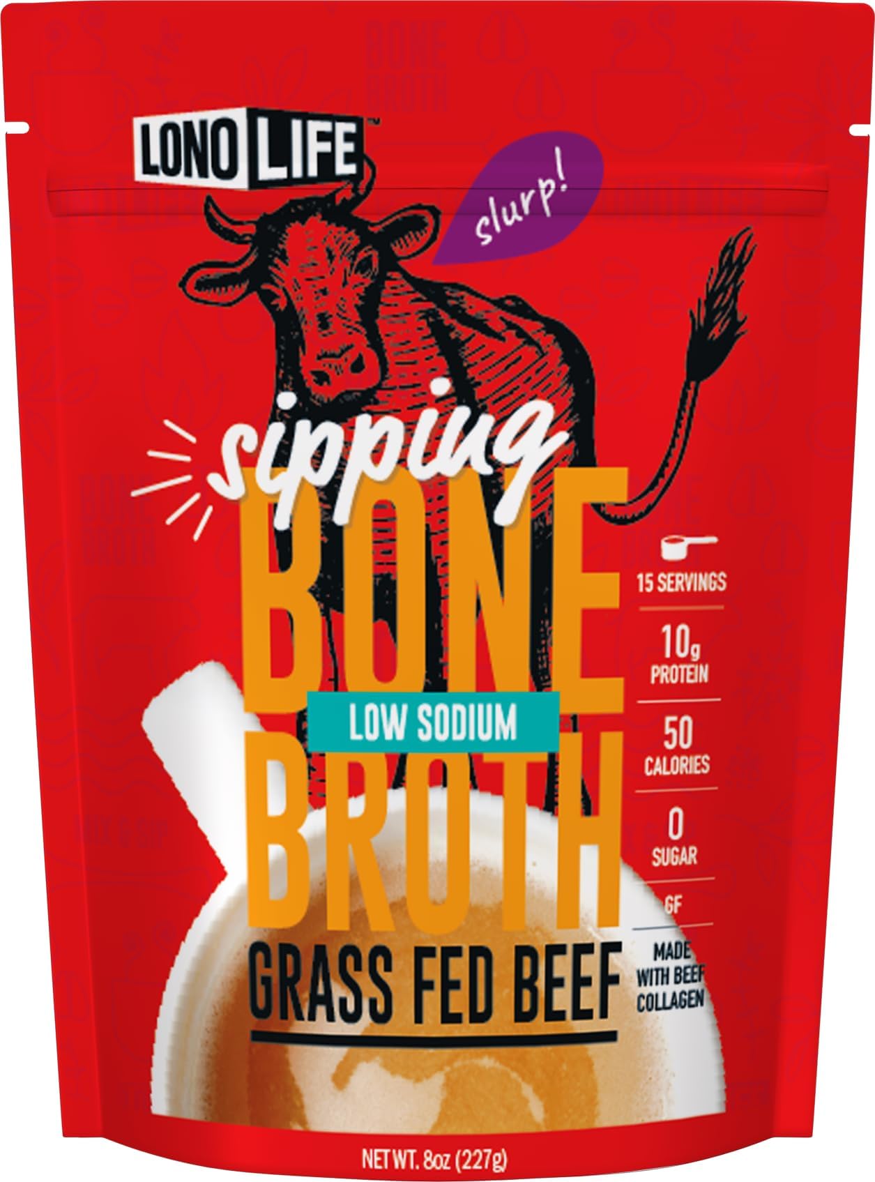 LonoLife Low Sodium Beef Bone Broth Powder Mix | Grass-Fed, 10g Protein | Collagen-Rich, Keto & Paleo Friendly | Natural Ingredients | 8oz Bulk Container (15 Servings)