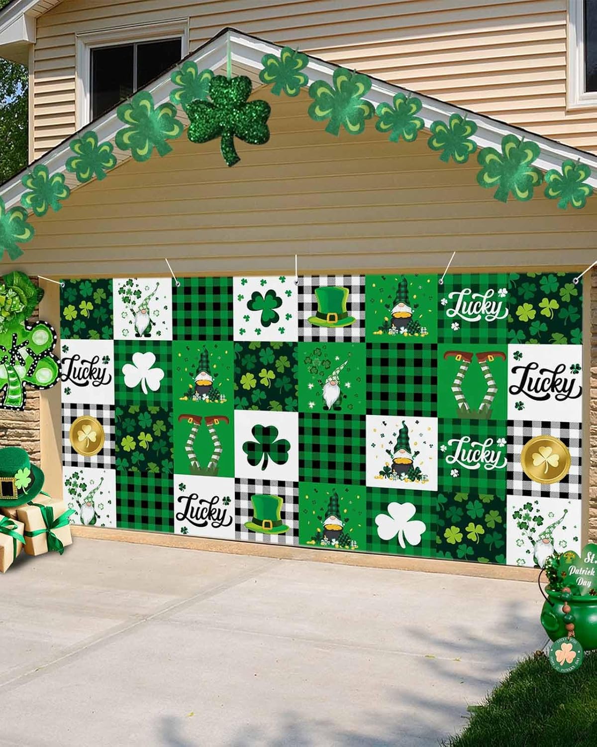 St. Patrick's Day Garage Door Banner Cover 7 x 8 ft, Green Lucky Shamrocks Gnome Hat Coin Green Plaid Garage Door Decorations Holiday Backdrop Decor for St. Patrick's Day Party