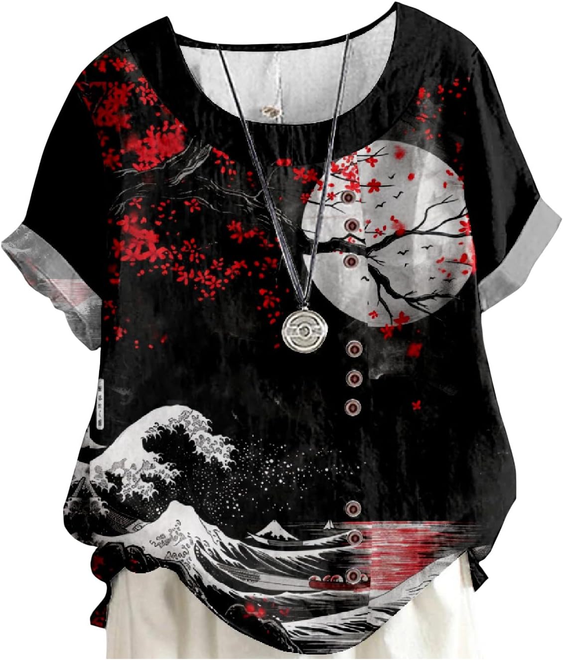 MARSVOVO Women's Tunic Tops Dressy Casual Blouses Novelty Print Outfits Decorative Buttons Plus Size Short Sleeve Shirts