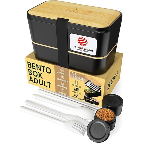 Umami Bento Box All-in-1 w/ 4 Utensils, 100% Leakproof, Dishwasher & Microwave Safe Lunch Containers for Adults w/ 4 Compartments, Black & Tan, 50 oz