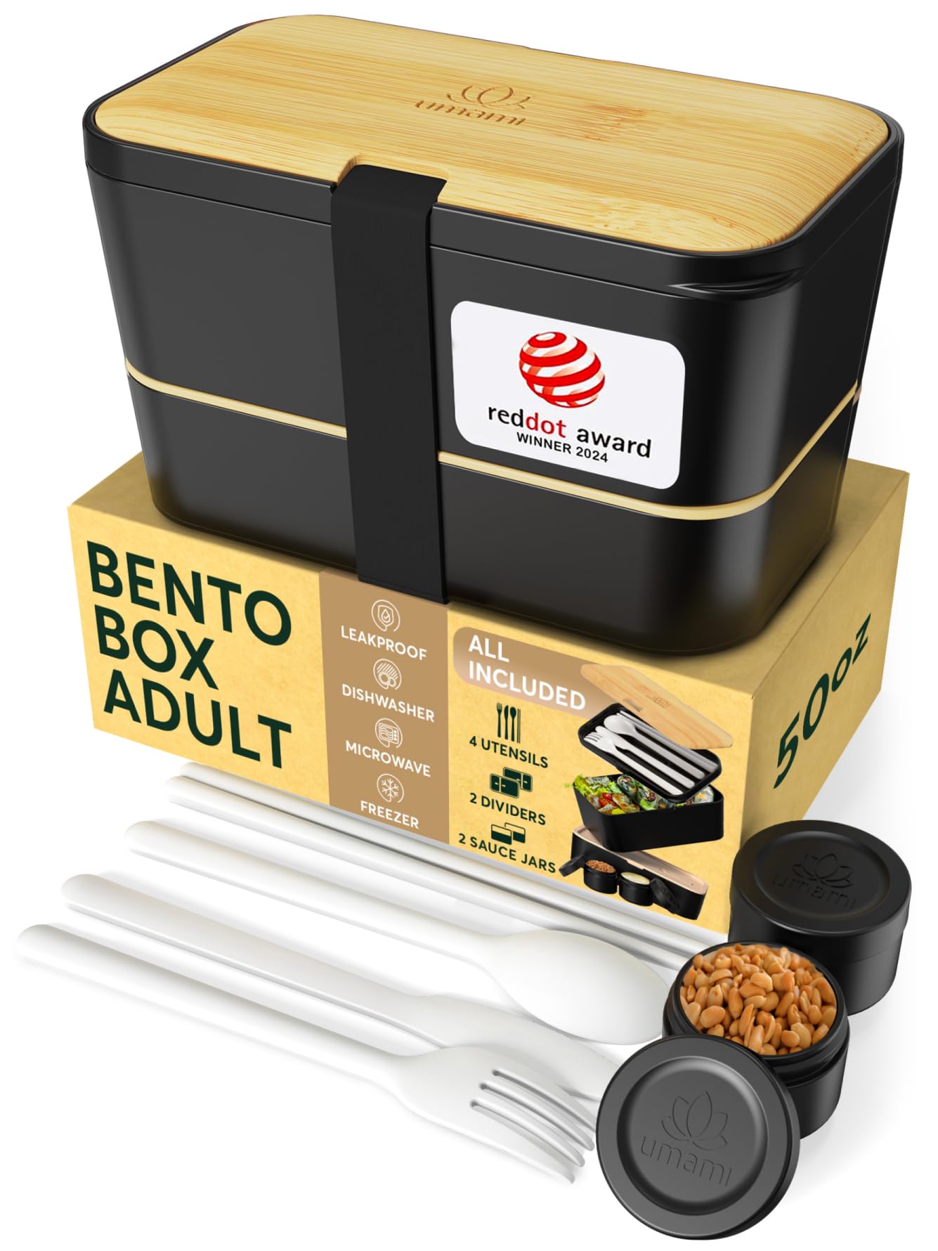 Umami Bento Box All-in-1 w/ 4 Utensils, 100% Leakproof, Dishwasher & Microwave Safe Lunch Containers for Adults w/ 4 Compartments, Black & Tan, 50 oz
