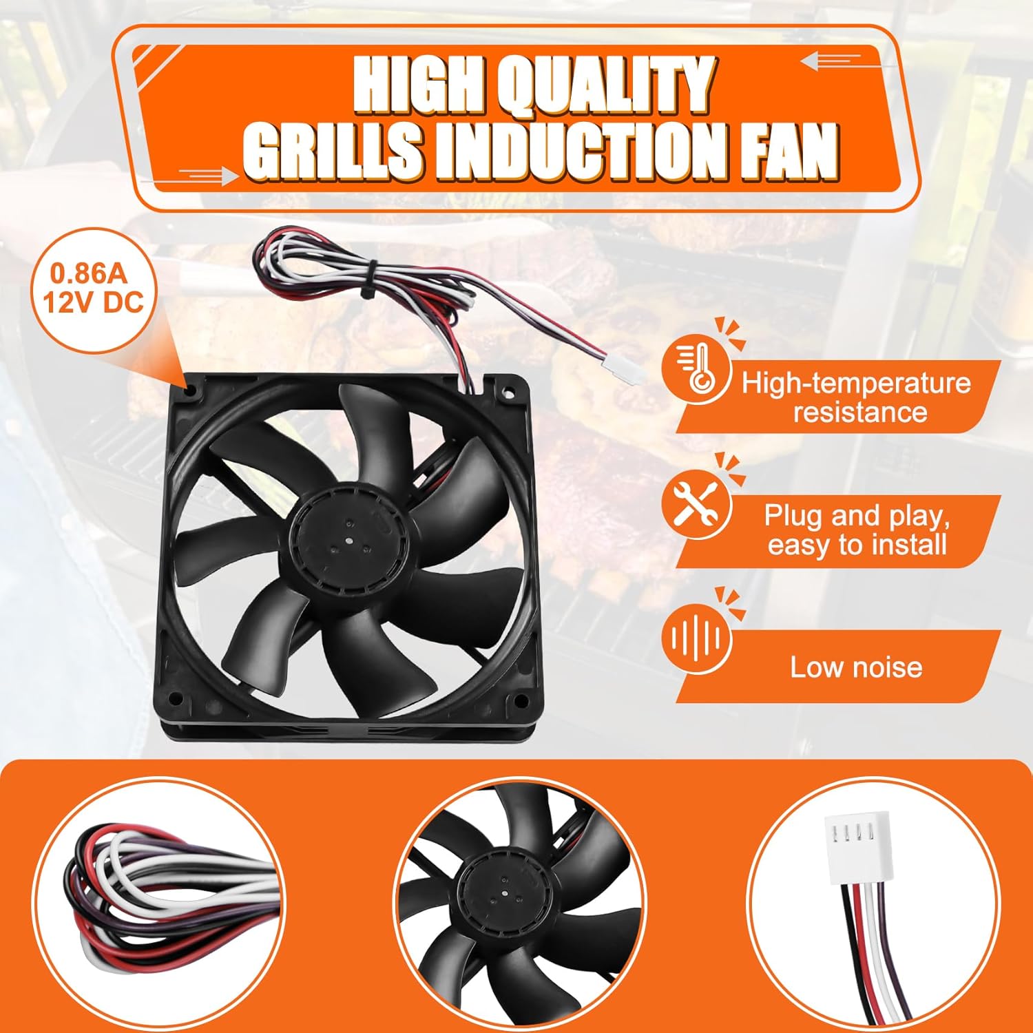 KIT0411 Pellet Grill Induction Fan Motor for Traeger D2 Pro 780 575, Ironwood 650 885, Silverton 620 810, Century 885, Oven Circulation Fan Replacement Part 11925SA-12R-BU, 0.86A 12V DC