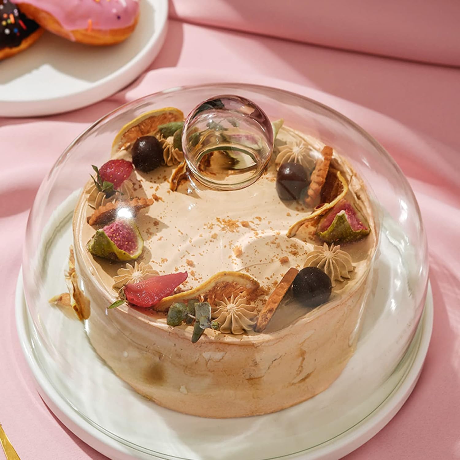 Reusable Cake Box, Porcelain Dessert Tray with Clear Glass Lid, Snack Plate Pastry Serving Tray Cupfor Afternoon Tea Party