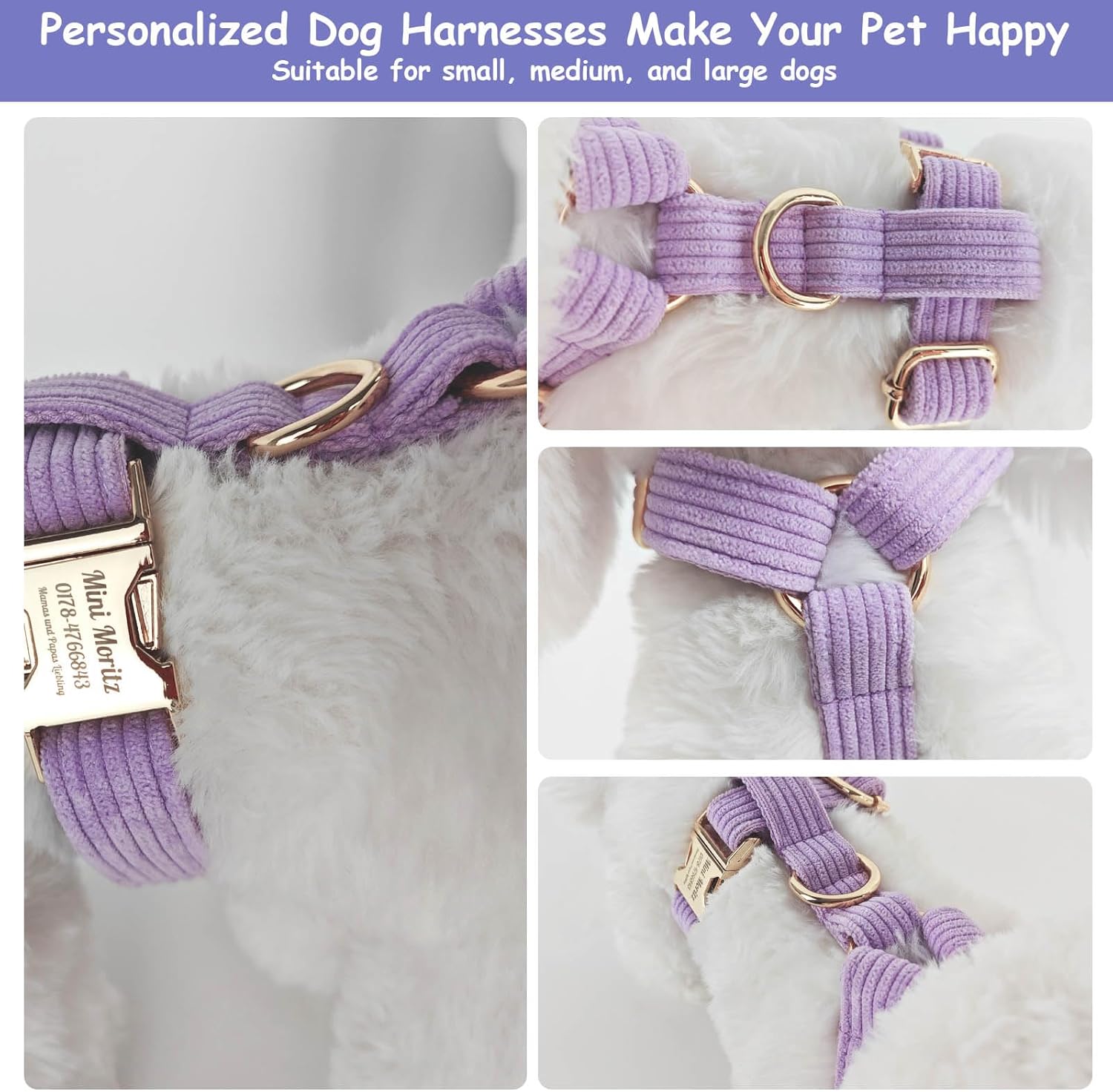 Personalized Dog Harnesses with Metal Buckle, Dog Harnesses Customized with Name and Phone Number Fonts, Custom Harnesses Adjustable Sizes for Small Medium Large Dogs (Harnesses 01)