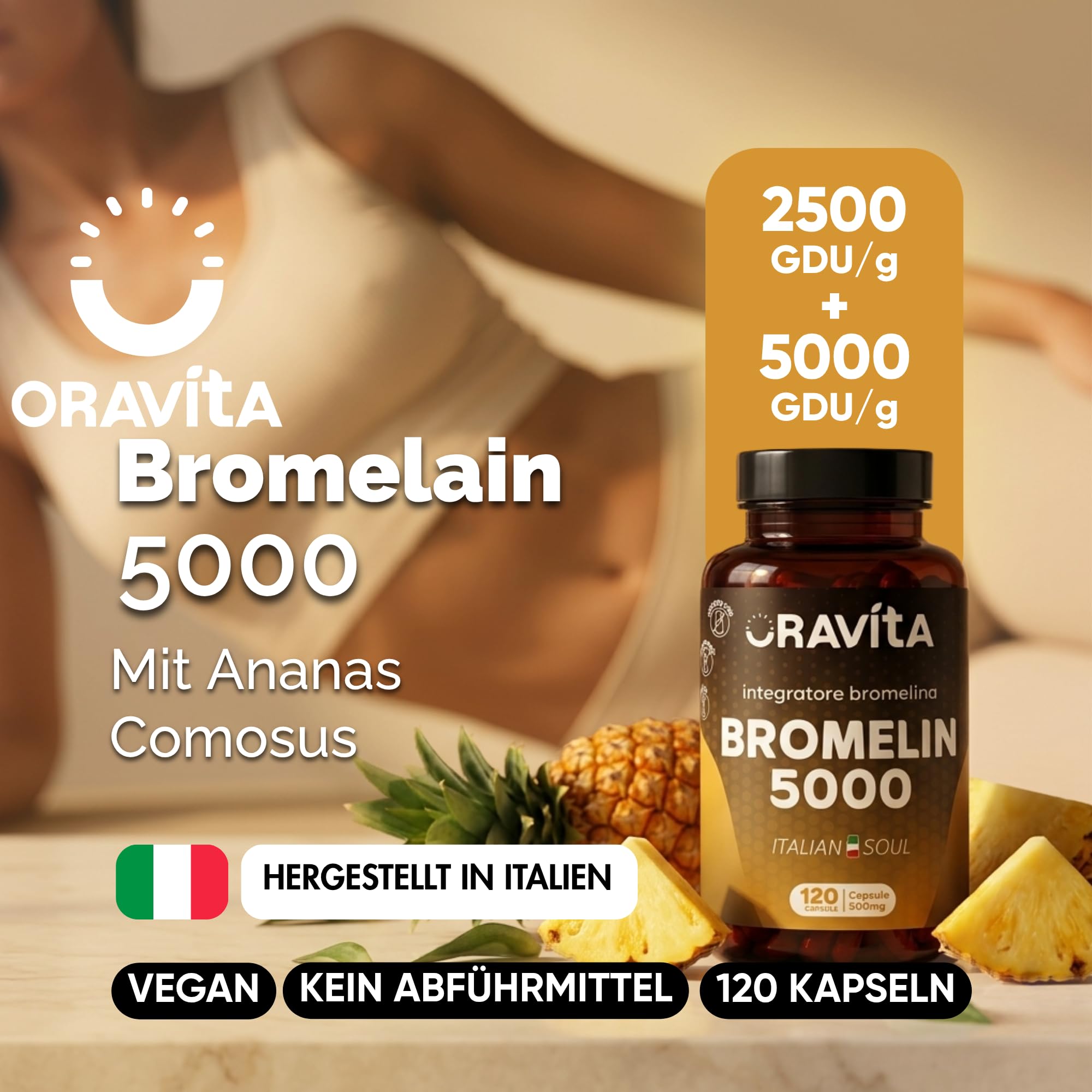 Oavita Bromelain 5000 GDU + 2500 GDU Hochdosiert | 360 Kapseln (6 Monate) | Ananas Enzym Magensaftresistente Kapseln | Vegan Tabletten | Made in Italy