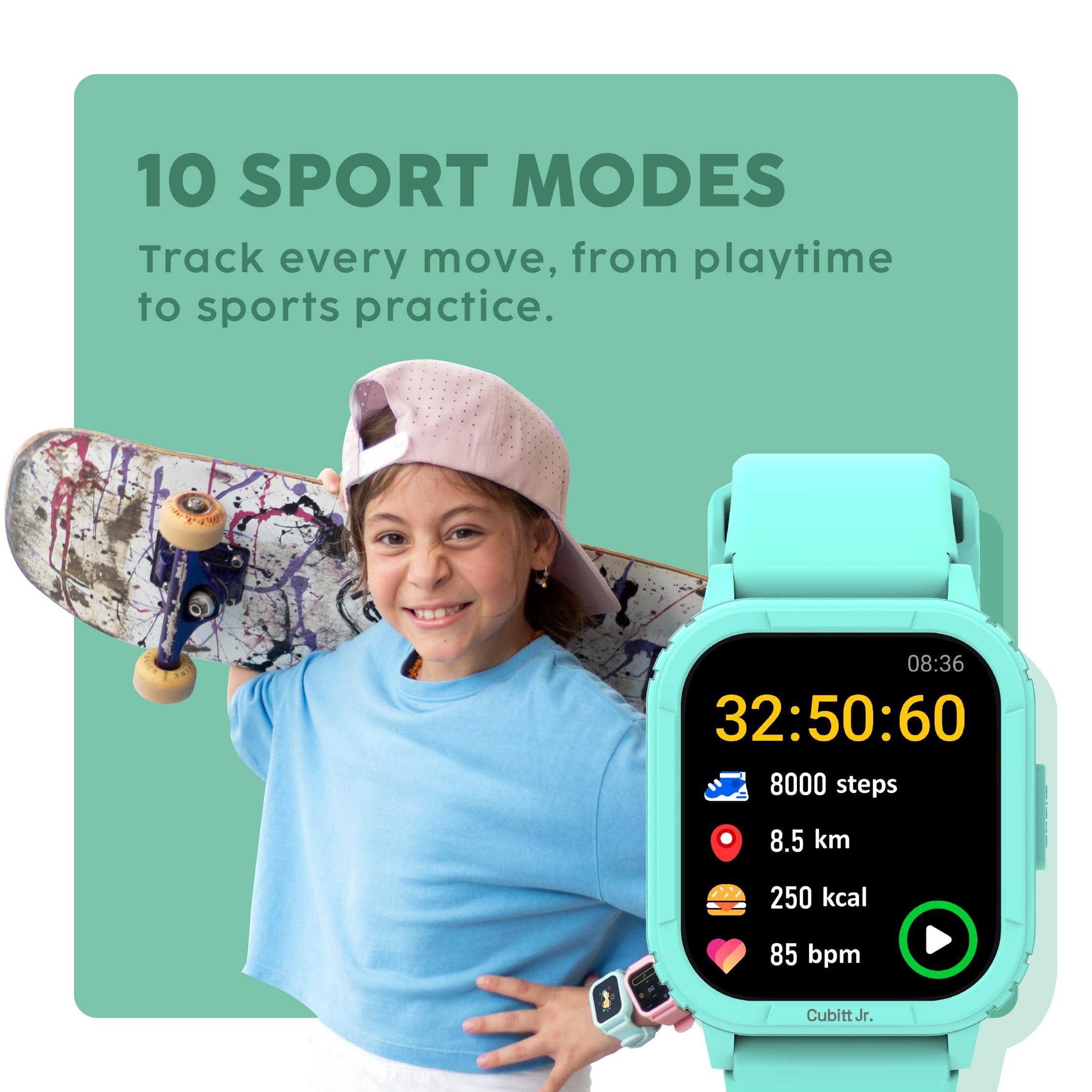 Cubitt Jr. Smartwatch Fitness Tracker per bambini e ragazzi con giochi, contapassi, monitoraggio del sonno, cardiofrequenzimetro, calcolatrice, monitoraggio attività, touchscreen AMOLED da 1,75