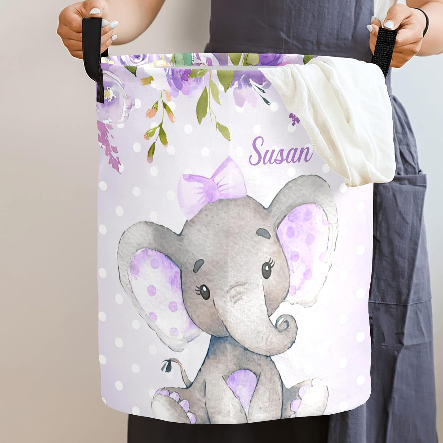 Personalized Custom Purple Flower Pretty Elephant Laundry Baskets with Name Collapsible Laundry Hampers Storage Baskets with Handles for Beach Pool