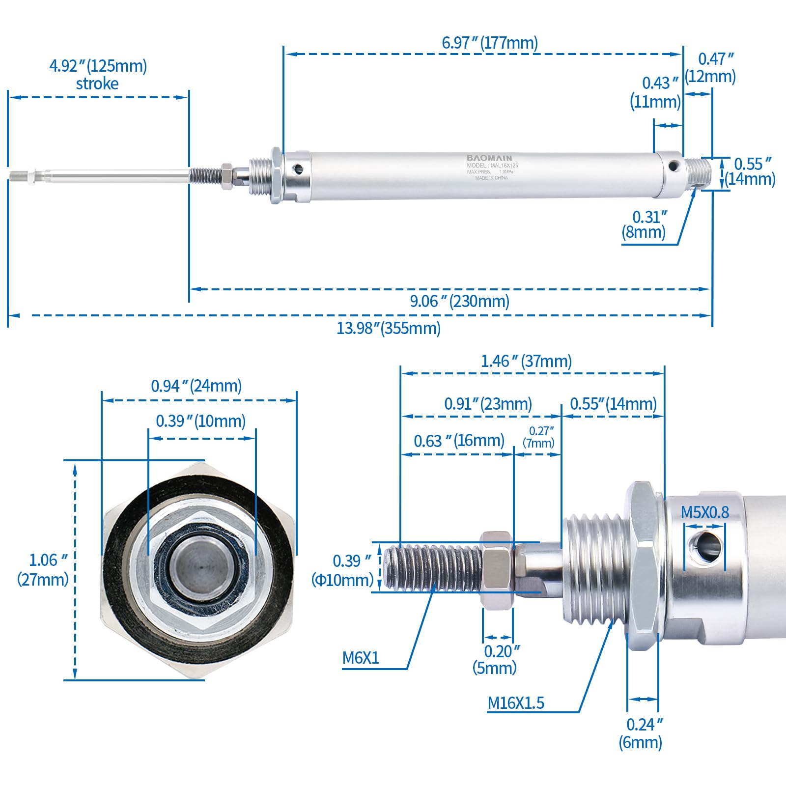 Amazon.com: Baomain MAL 16x125 Mini Pneumatic Air Cylinder,0.63
