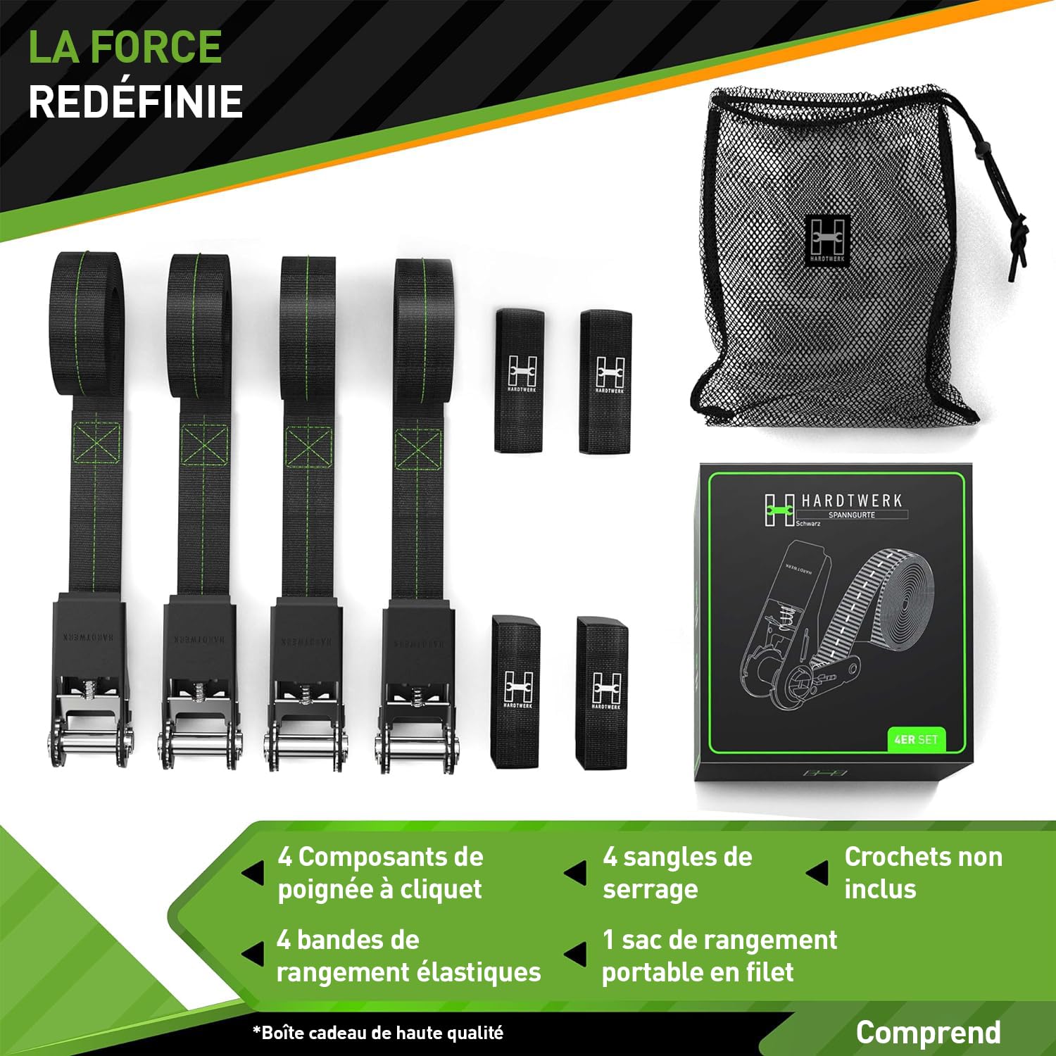 Lot De 4 Sangles D'arrimage Avec Cliquet Heldenwerk - Longueurs 4m, 5m Ou 6m - Certifiées TÜV/GS, Double Couture, Résistantes Aux Intempéries - Pour Voiture, Remorque, Kayak