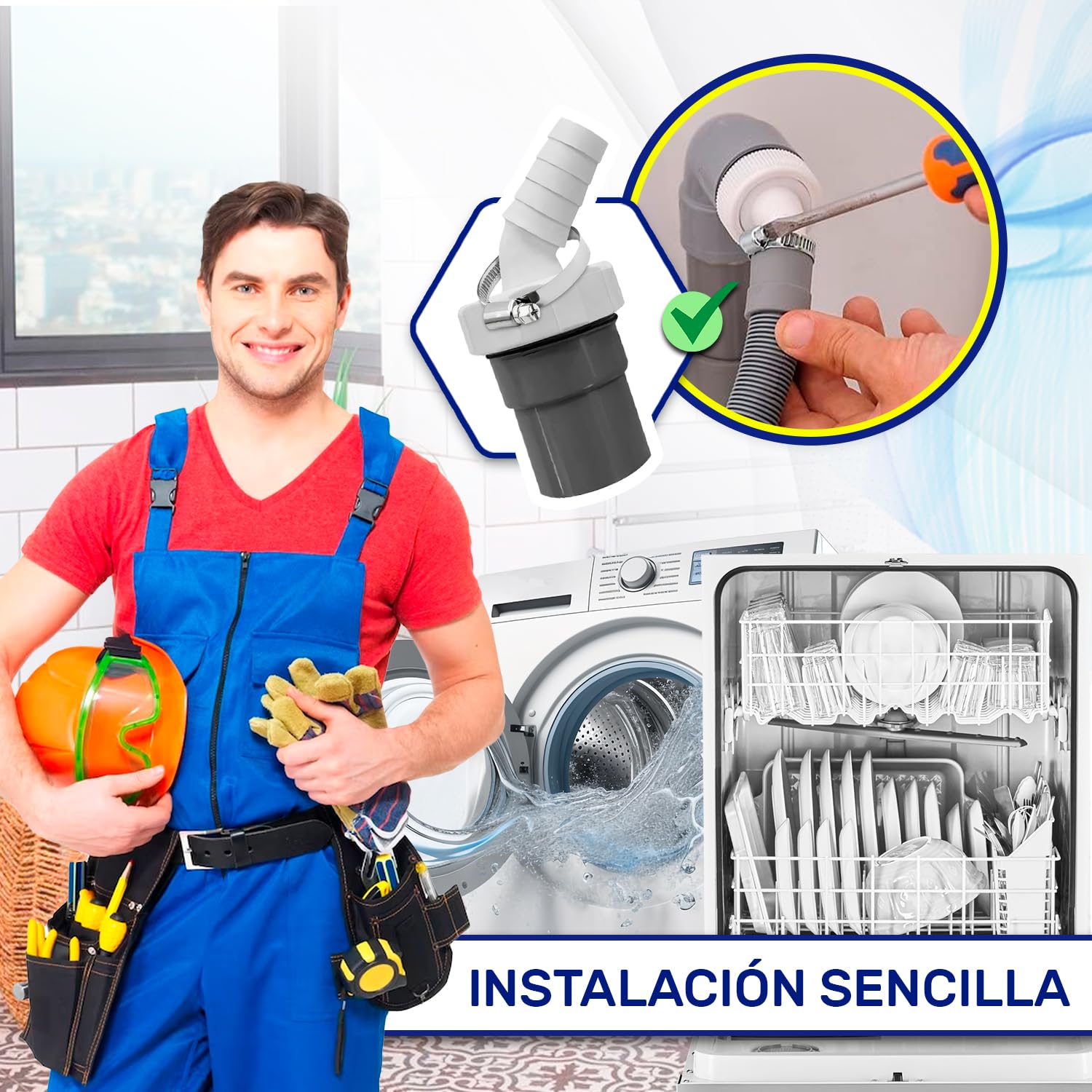 Adaptador Empalme Desague Lavadora con Salida para Tubo Ø40 mm y Entrada Ø18-23 mm - Adaptador Desagüe para Lavavajillas Incluye 1 Pieza de Abrazadera Ø20-32 mm - Garantía de 10 Años - MONTERAL — view 5