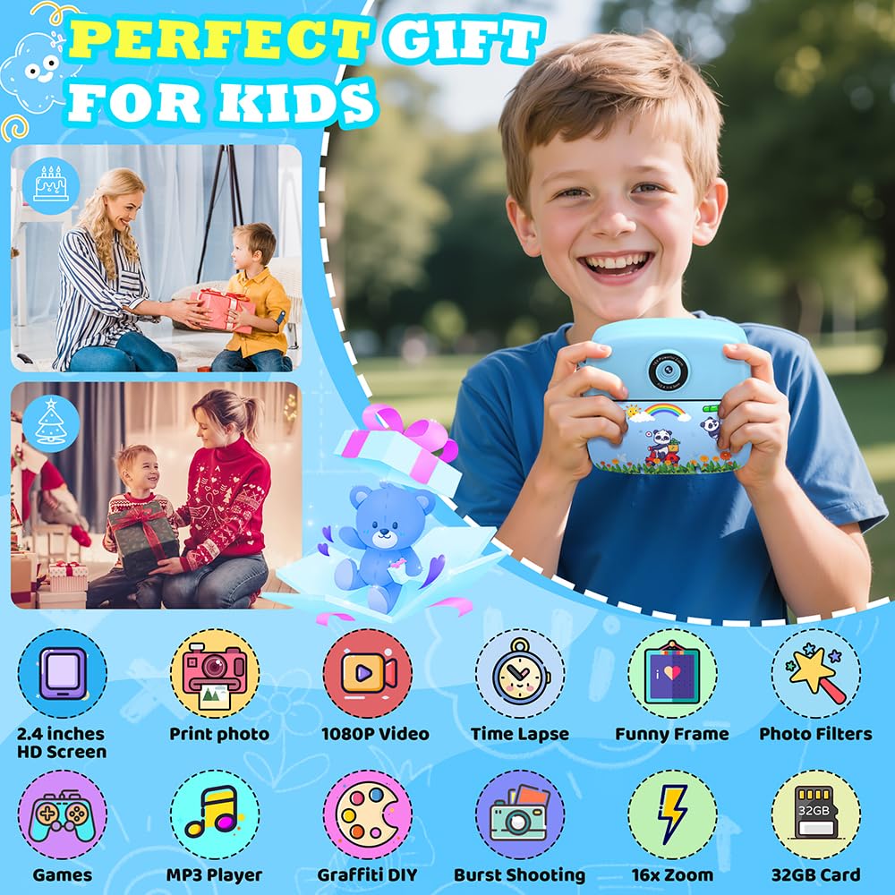 CNAPXAIA Sofortbildkamera Kinder, 2,4" Kinder Kamera mit Fotos Drucken, 32GB Karte & Druckpapier, Kinderspielzeug Geburtstag und Weihnachten Geschenke für Jungen ab 3-12 Jahren (Blau)