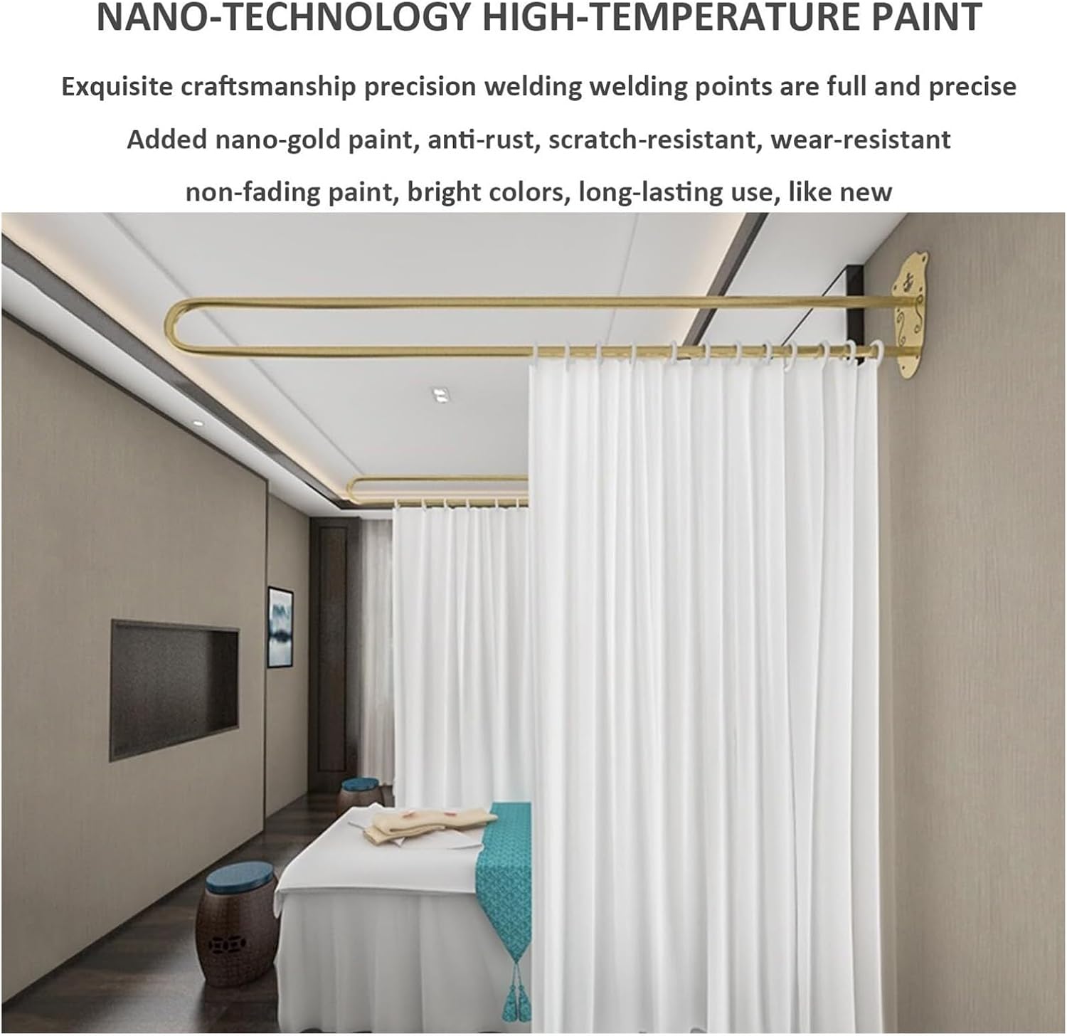 Wall Privacy Partition Curtains Rod U-Shape Room Divider, Wall Mounted Curtains U-Shaped Long Support Rod,Fitting Room Beauty Salon Clinics Area Separator Screen Metal Support Track(Gold,230cm*22cm)