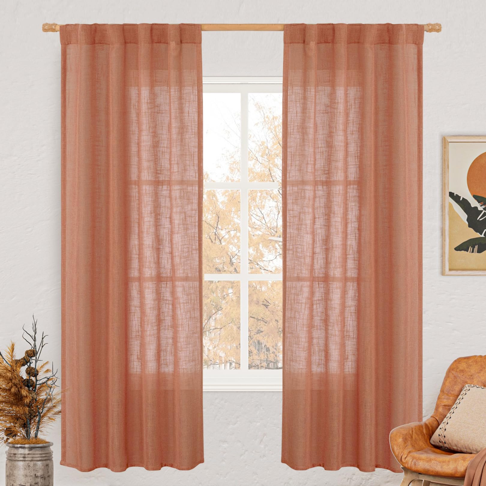 LAMIT Light Filtering Linen Curtains 72 inches Long for Bedroom, Linen Textured Semi Sheer Back Tab and Rod Pocket Boho Drapes for Window/Living Room, Terracotta, 2 Panels, 34 x 72 Inch โ image 1