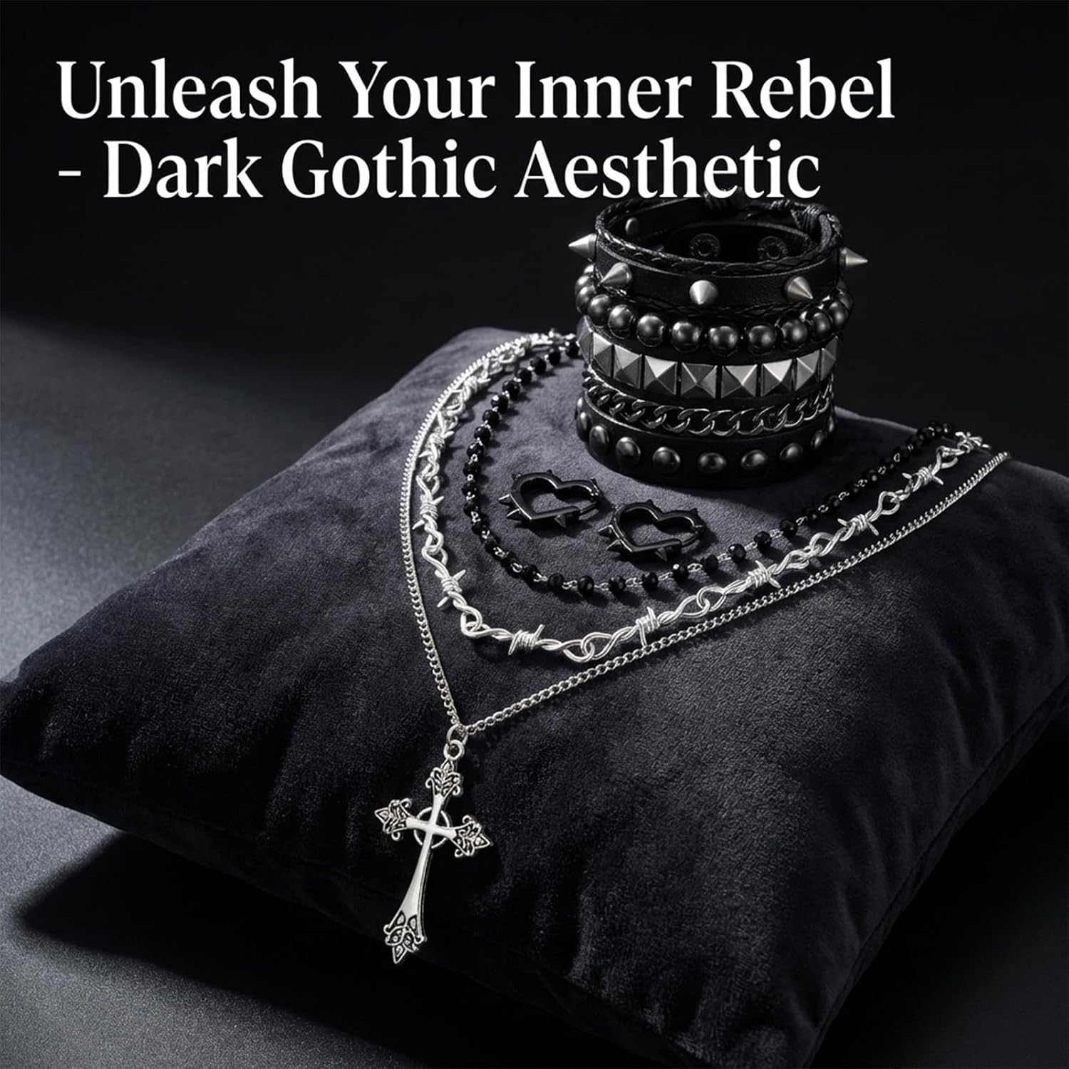 6 Pcs Punk Grunge Alt Studded Bracelets Gothic Emo Necklace Earrings Jewelry Set, Y2K Goth Spike Cross Heart Layered Necklace Earrings Bracelets for Women Men Alternative Emo Accessories image 5