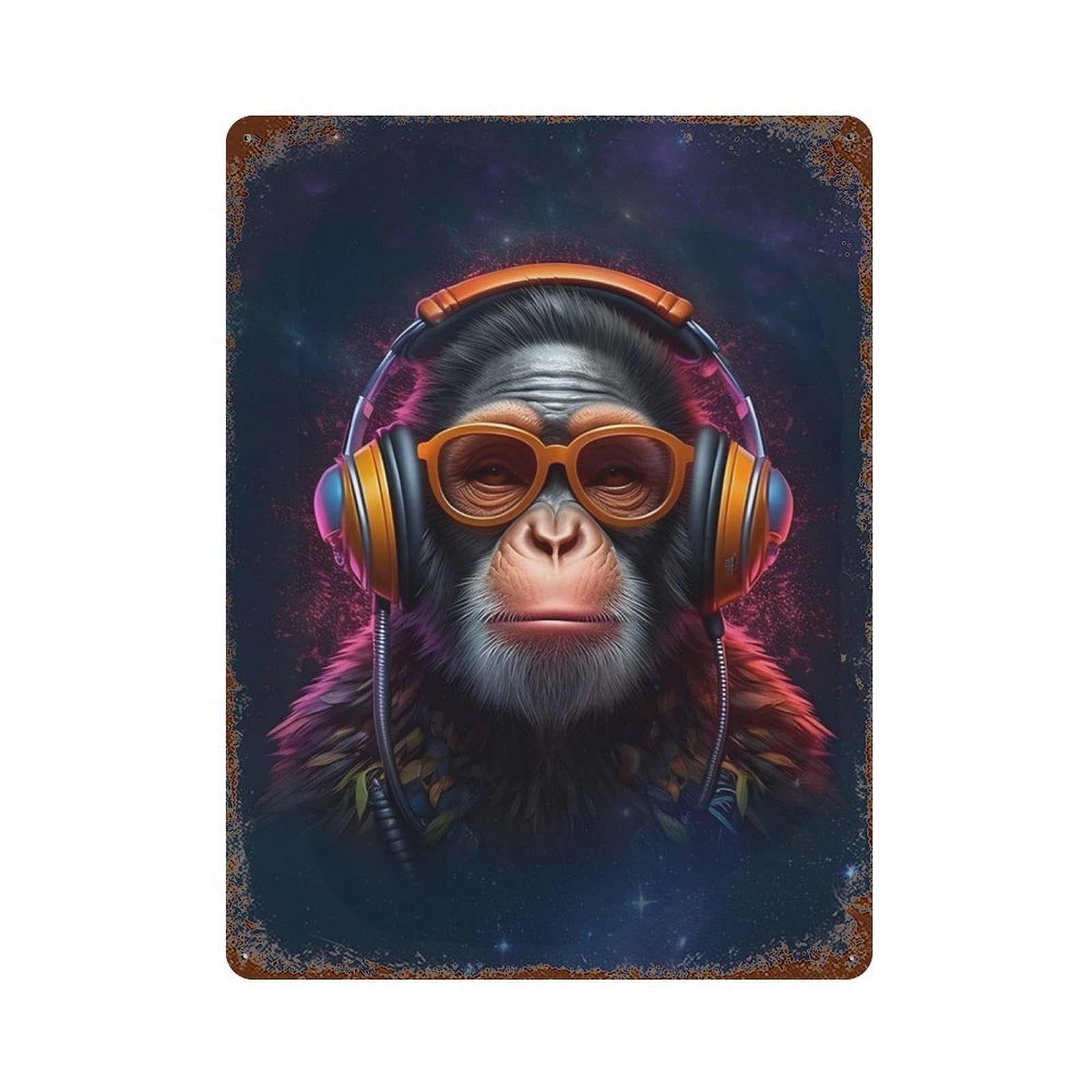 Rust Effect DJ Monkey with Headphones Rusty Metal Tin Sign 15.7"x11.8", Farmhouse Wall Decor for Shed, Workshop And Garage Wall Decor