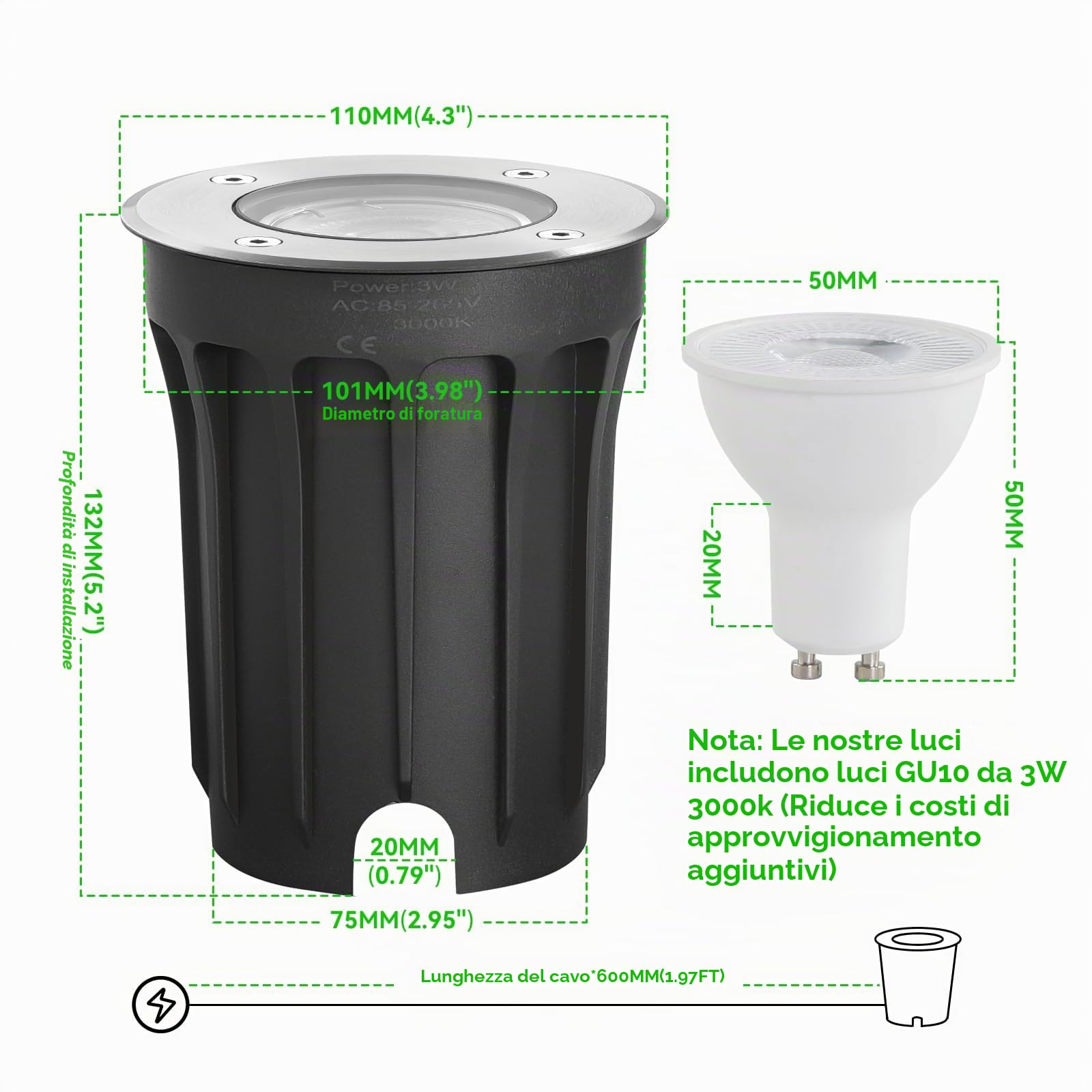 4pcs Segnapasso Led Esterno per Gu10 3w 230v Bianco Caldo 3000k, IP67 Impermeabile Faretto Segnapasso da Esterno, Faretti Incasso Esterni per Esterni, Giardino, Terrazza, Cortile, Passerella