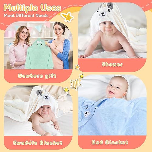 Miniatura 6 de Preboun 4 toallas de baño para bebé de 31.5 x 31.5 pulgadas, toalla de forro polar coral con capucha para bebé, toallas de bebé suaves y absorbentes
