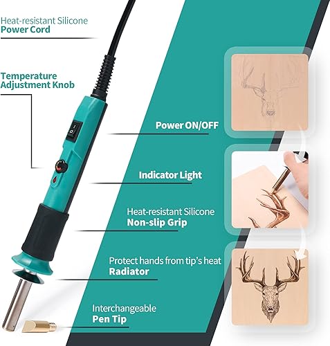 Miniatura 3 de YIHUA 930-IV Kit de bolígrafo de leña pirografía con temperatura ajustable, interruptor de encendido, deflector de calor, agarre de goma con 10