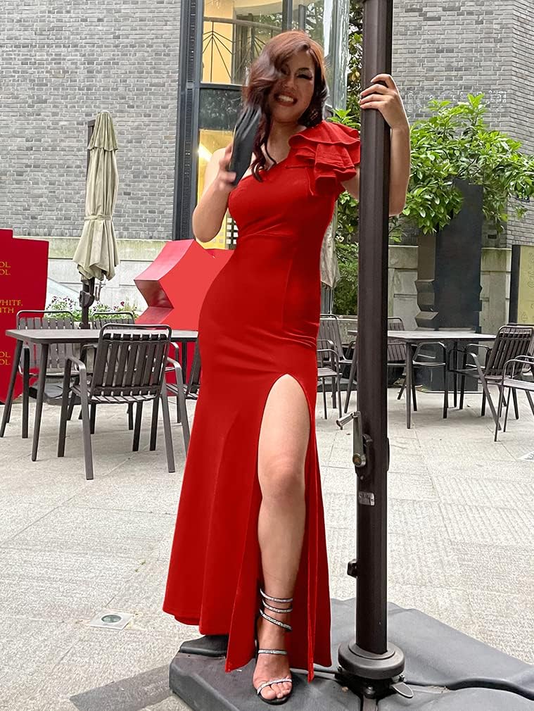 YMDUCH Women's Sexy Sleeveless One Shoulder Ruffle High Split Party Evening Long Formal Dress - Image 7