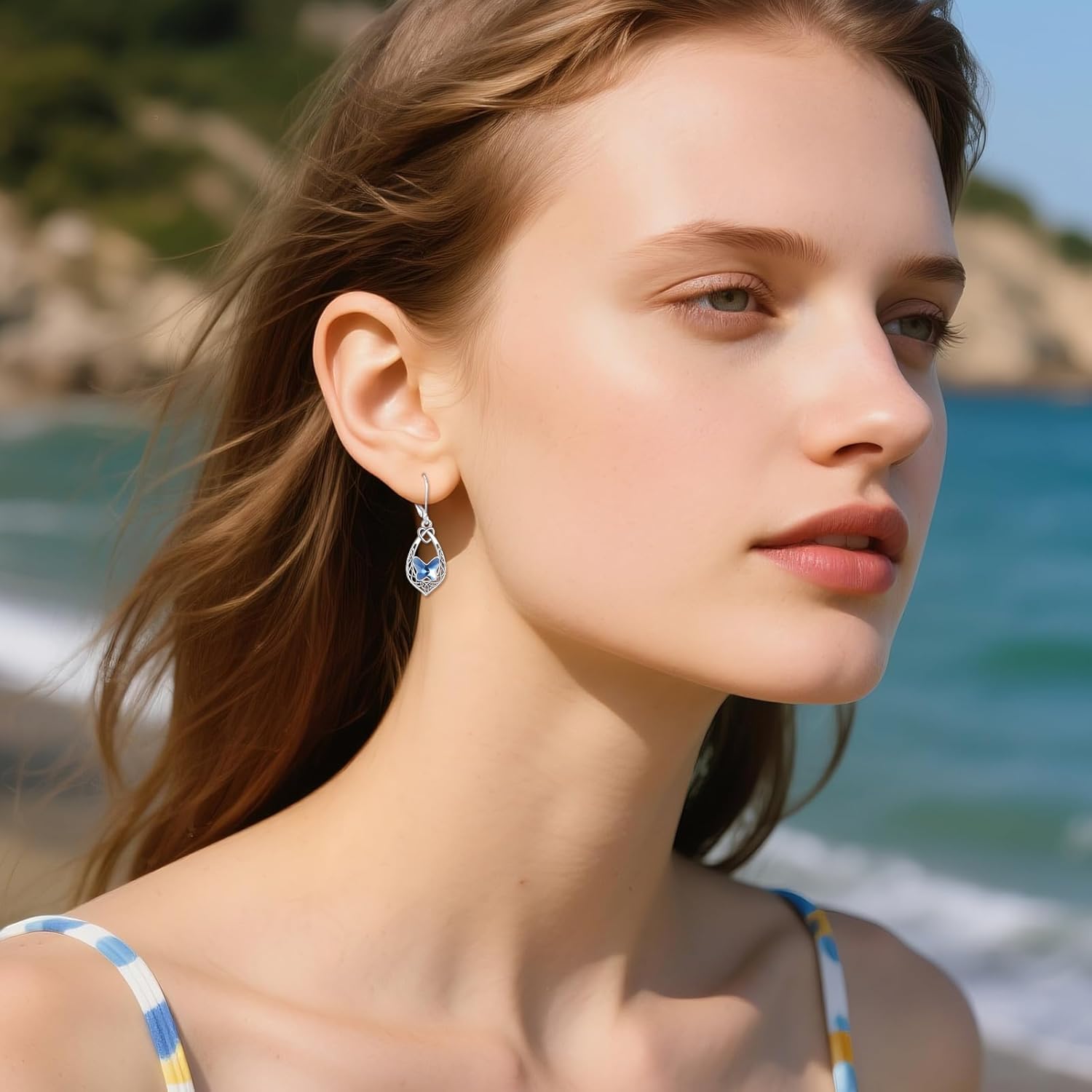 Celtic Butterfly Earrings 925 Sterling Silver Love Celtic Knot Leverback Dangle Drop Earrings with Blue Crystal from Austria, Birthday Anniversary Jewelry Gifts for Women - Image 2