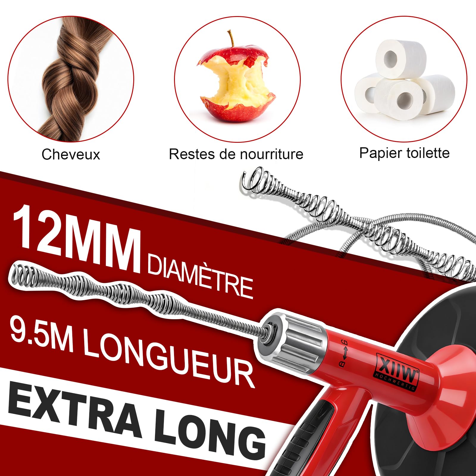 XIIW Furet Deboucheur Canalisation 2 en 1 Manuel & Sur Perceuse[Adaptateur inclus] - 9,5m Flexible Spirale Nettoyeur pour Canalisations – Facile à utiliser – Outil Plomberie pour Évier Douche Lavabo | Déboucheur de canalisations en spirale écologique pour